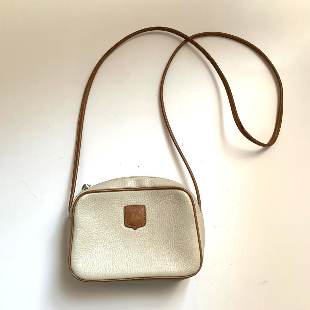 CELINE Vintage Triomphe Leather Shoulder Bag Beige Italy 19cm/7.48in Rare Used