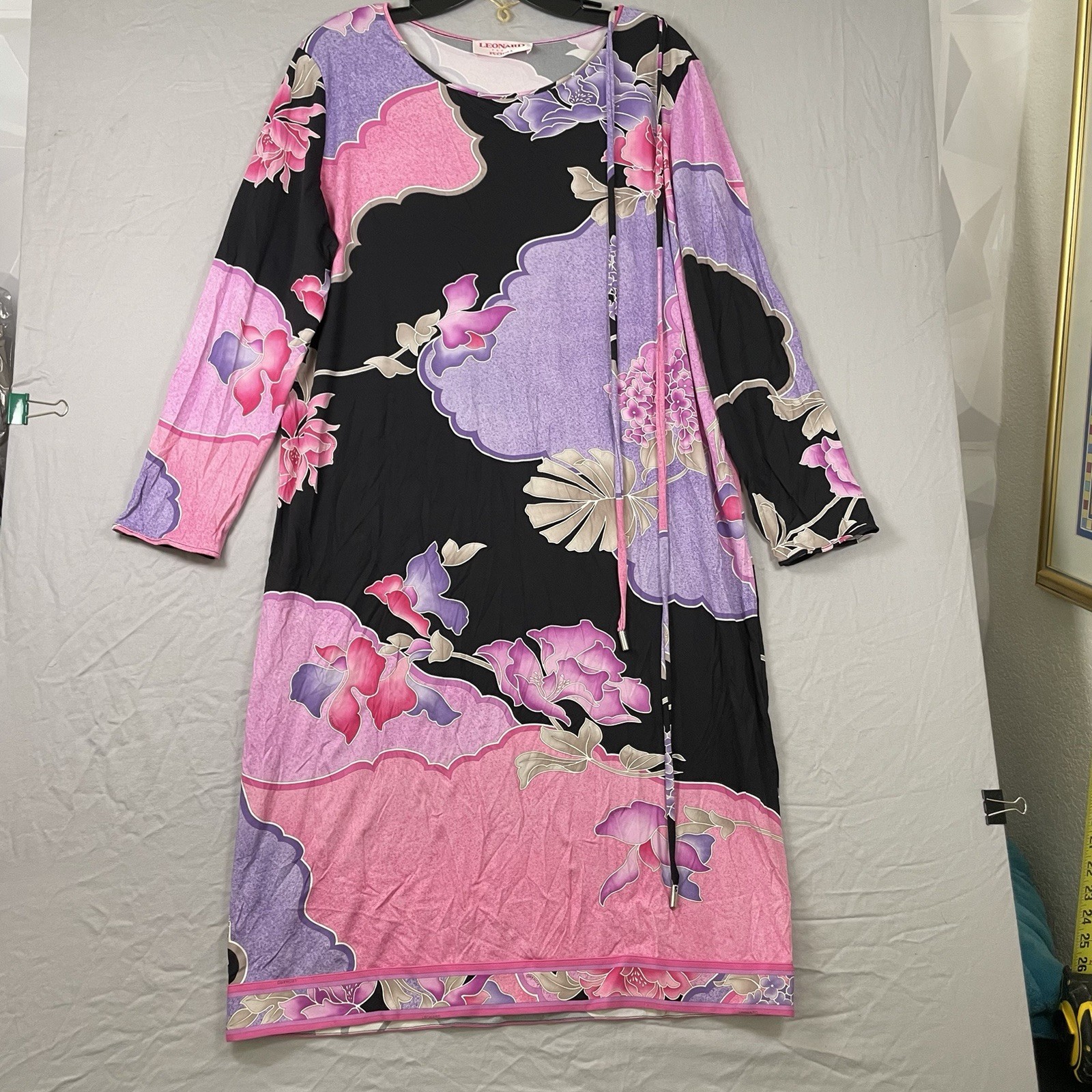 Leonard Paris Fushia Lavender Flowercore Sheath Dress Sash Belt US 10 FR 44