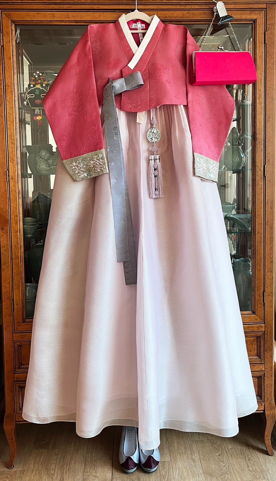 Premium Traditional Korean Dress Hanbok Set-Cardinal Red Top & Ivory Blush Skirt