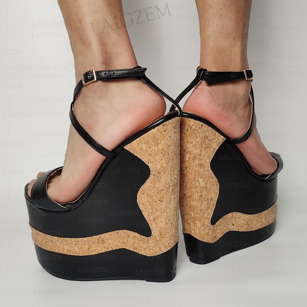 Women Sandals Patchwork Platform Wedges Extreme High Heels Pumps Height Increase