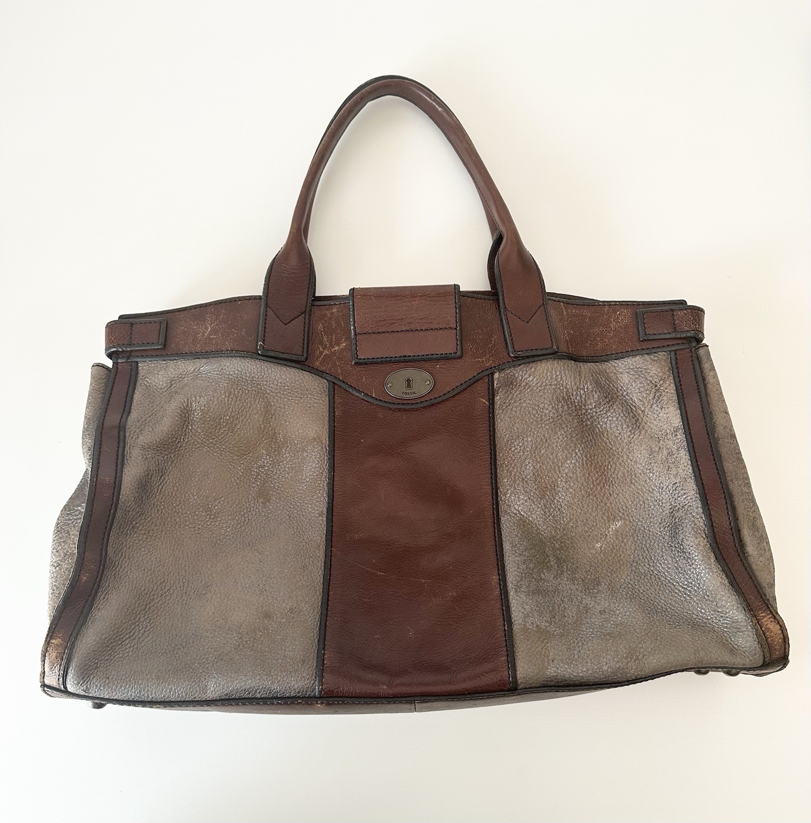 Fossil Colorblock Tote Bag Brown Gray Turn Lock Large Bottom Studs Inner Pockets