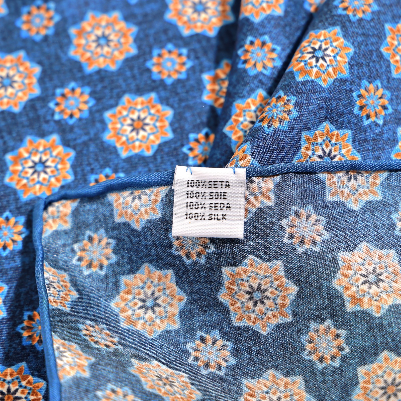 Men’s 100% Silk Blue Geometric Floral Pocket Square Scarf Hand Rolled Gift 11.8″