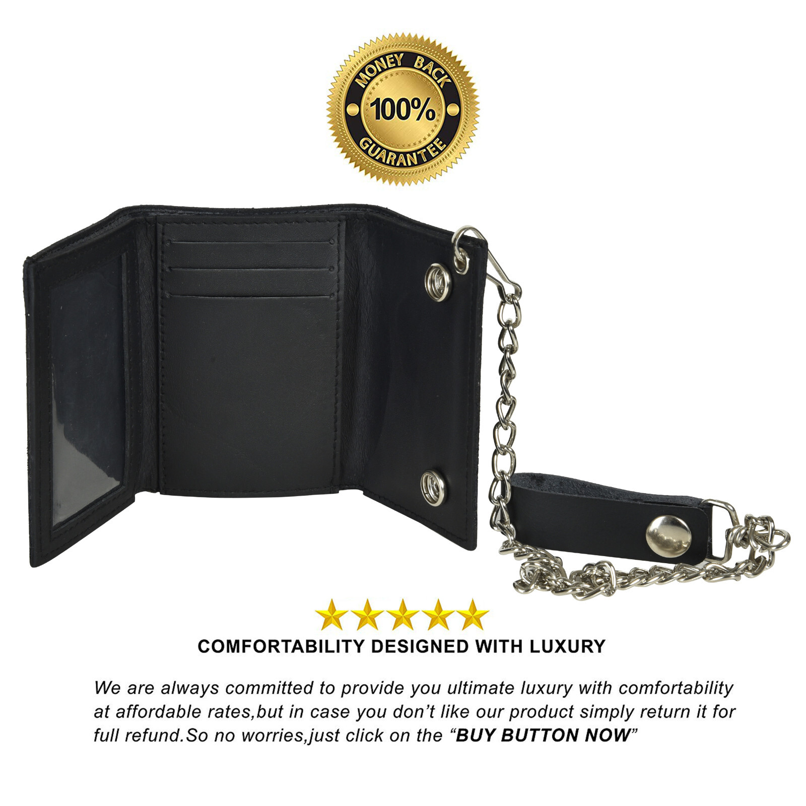 Leatherboss Genuine Leather Men’s Trifold Wallet with Chain Biker Trucker Black