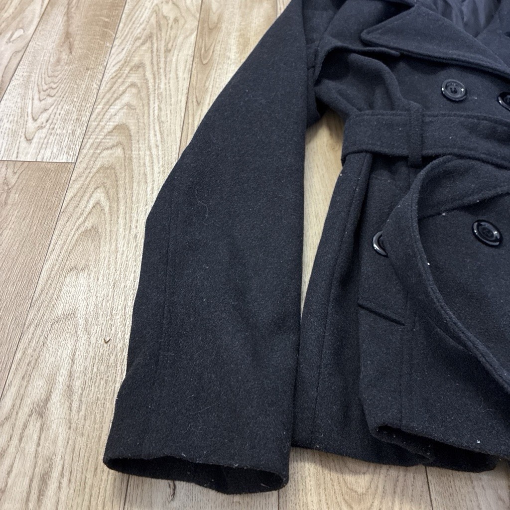 Ambiance Apparel Juniors S Black Pea Coat Belted Lined Short Button Closure
