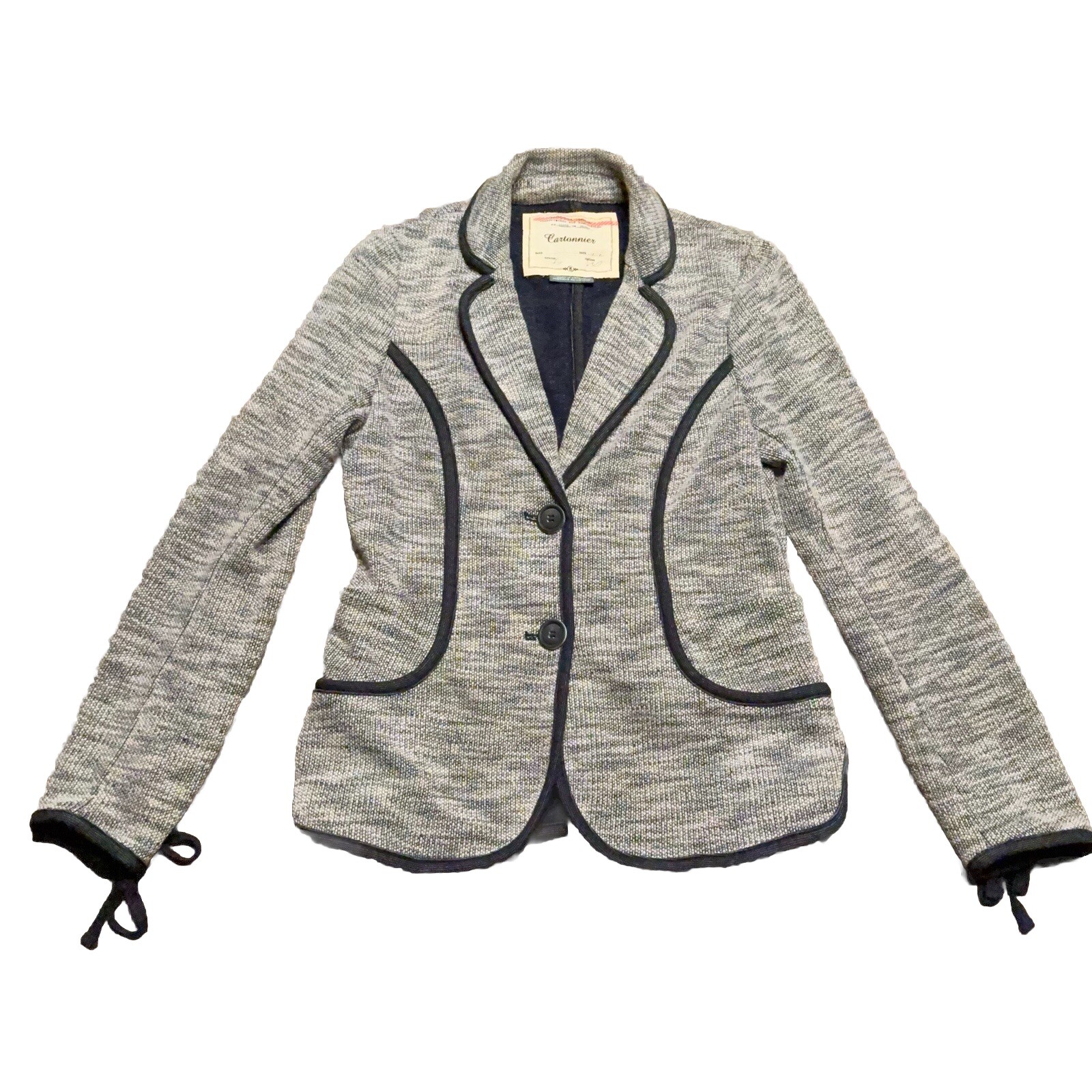 Cartonnier Knit Blazer Womens XS Gray Marl Contrast Trim Tie Cuff Anthropologie