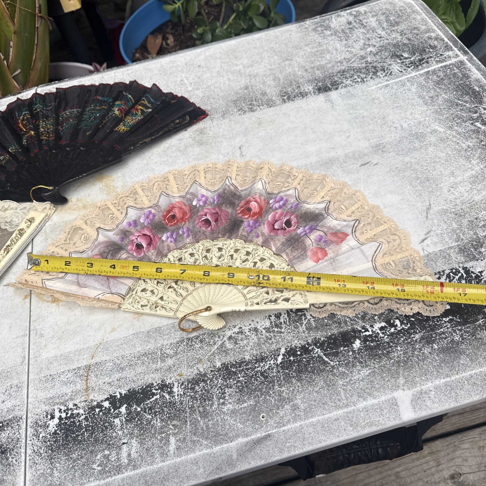 Victorian Style Multicolor Floral Hand Fan Black Lace Trim Fabric Plastic