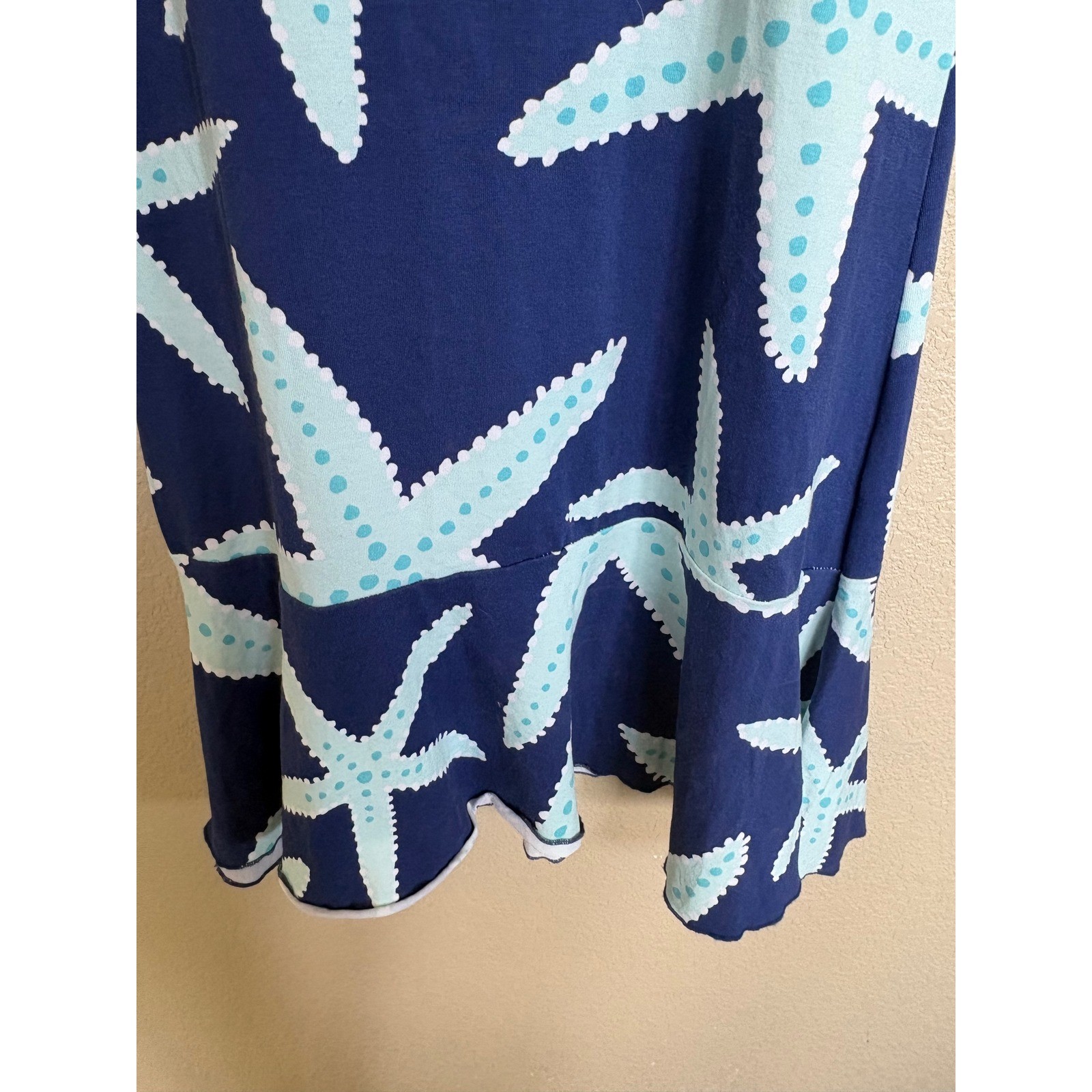 AnaClare Starfish Print Drop Waist Ruffle Hem Sleeveless Dress Navy Blue XS