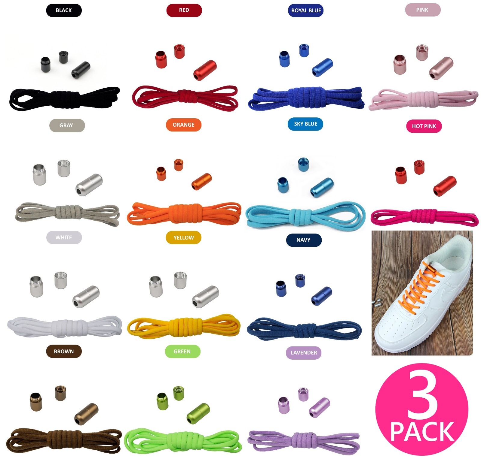 3 Pack Oval No Tie Lock Shoelaces Elastic Shoe Laces String Kids Adults Sneakers