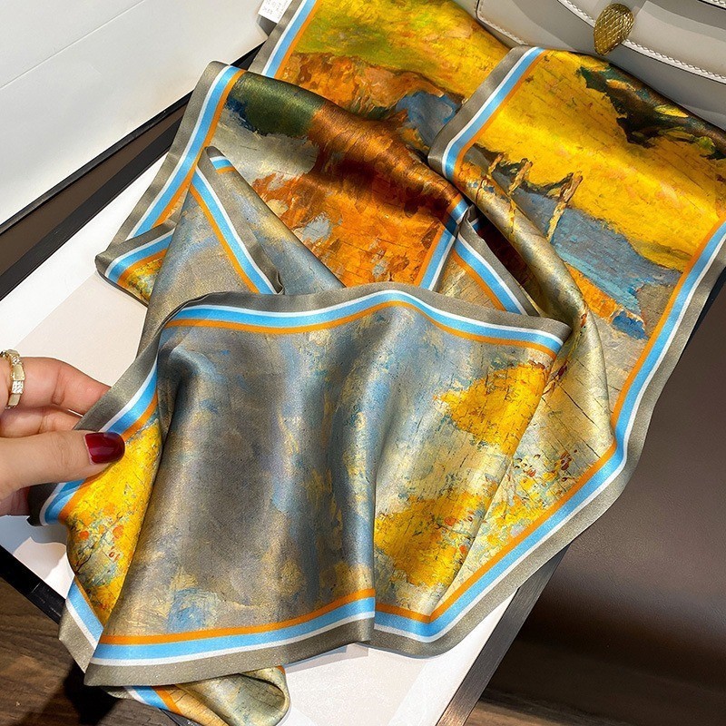 Double Sides 100% Pure Silk Long Scarf Women Vintage Yellow Neckerchief 150*15cm