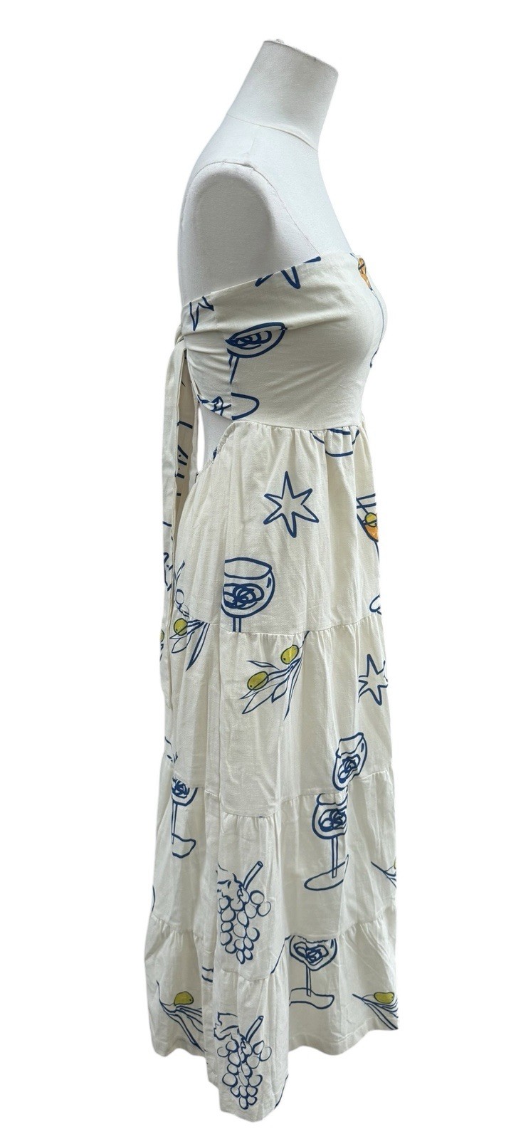 Strapless Martini Print Maxi Dress Small Coastal Vacation Olive Wine Resort Wear