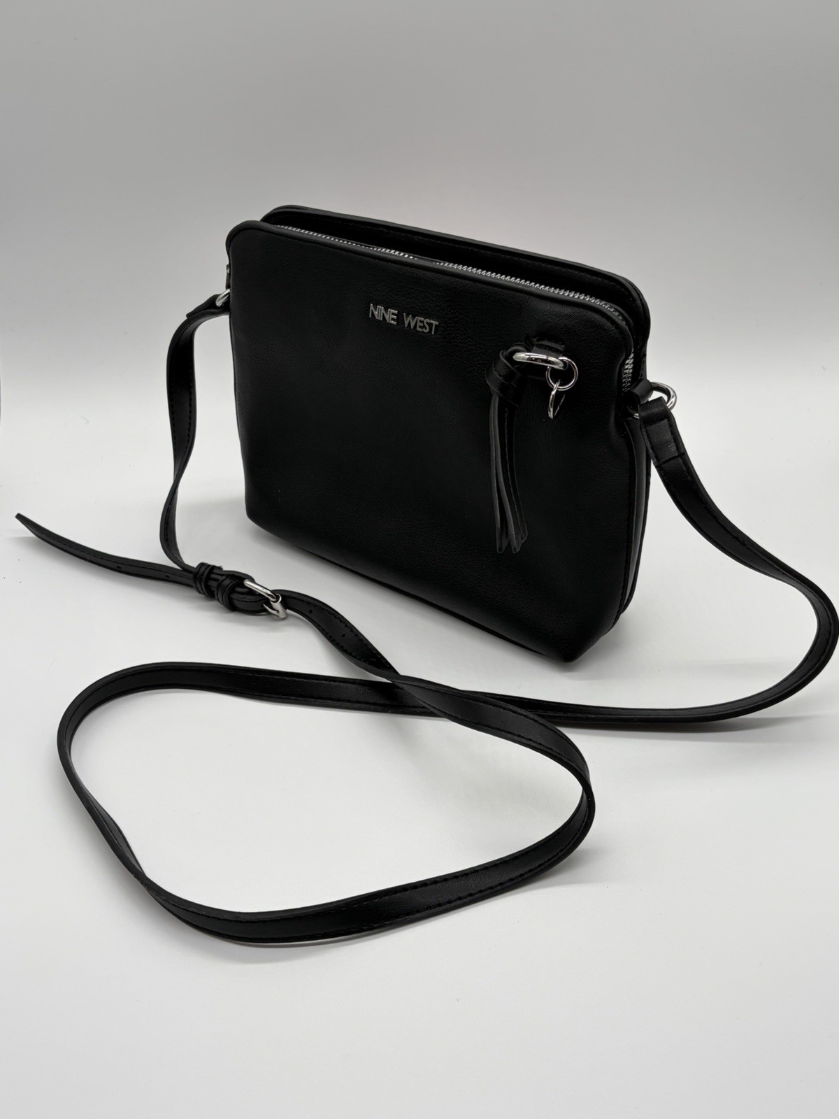 Nine West Black Crossbody Bag Purse Adjustable Strap Tassel Silver Hardware