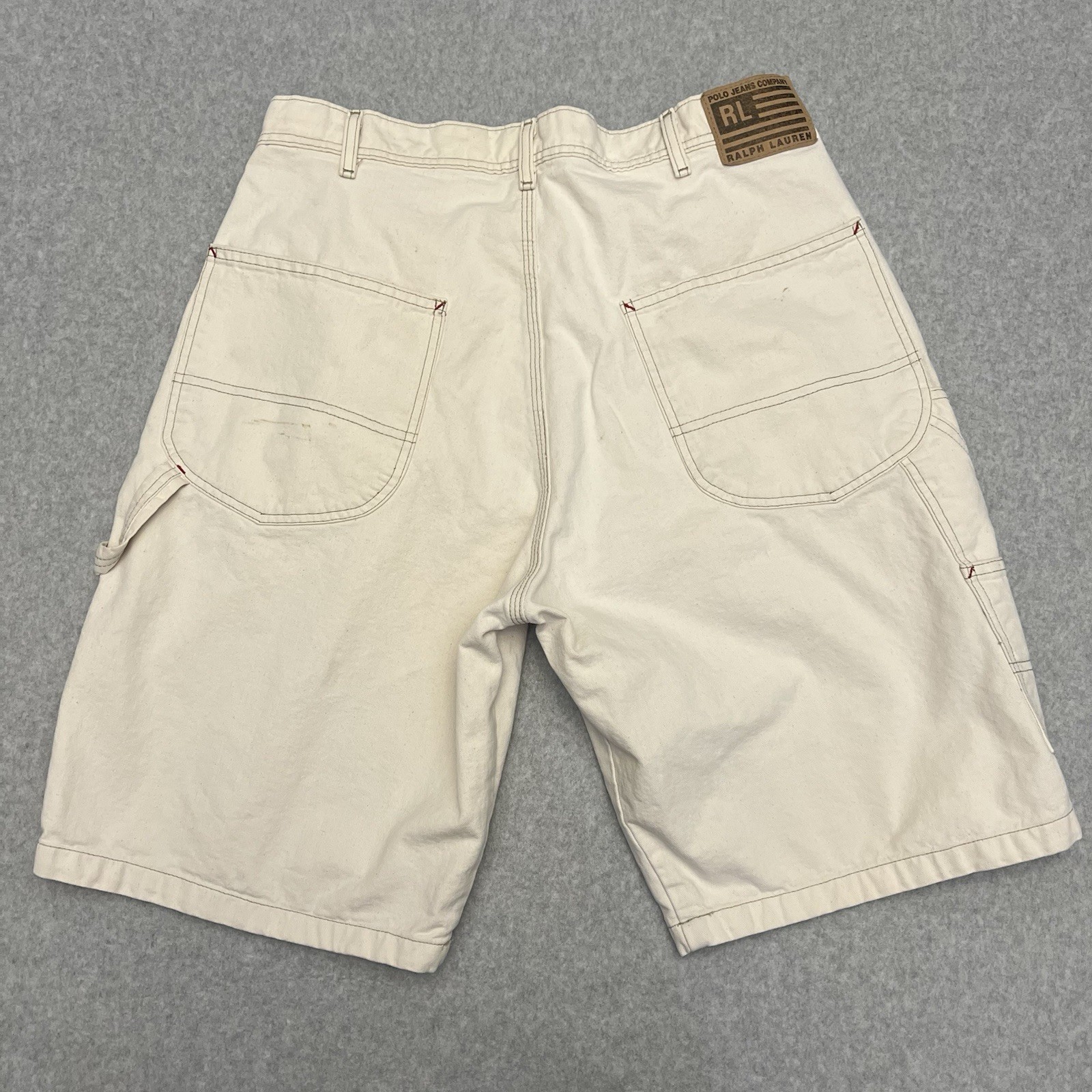 Polo Jeans Shorts Men’s 34 Beige Carpenter Hammer Loop Baggy Wide Leg Flag Logo