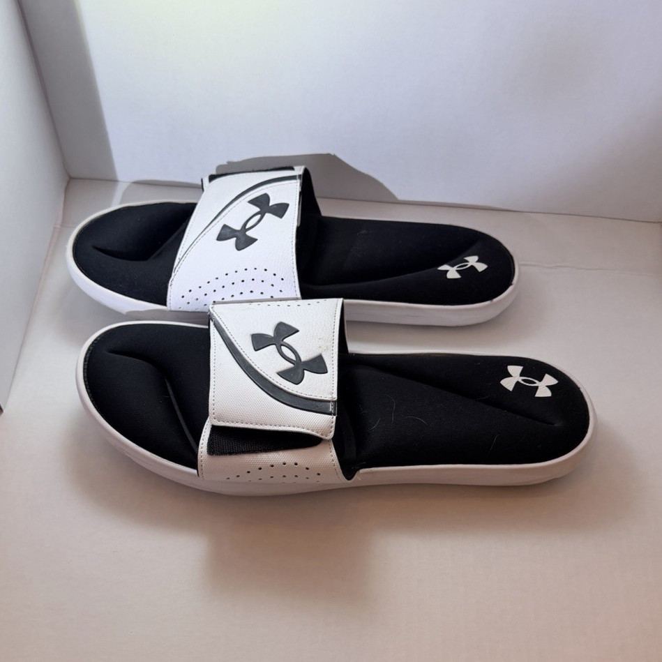 Under Armour Women’s Slide Sandals Black/White Leather Upper Logo Slip-On 14