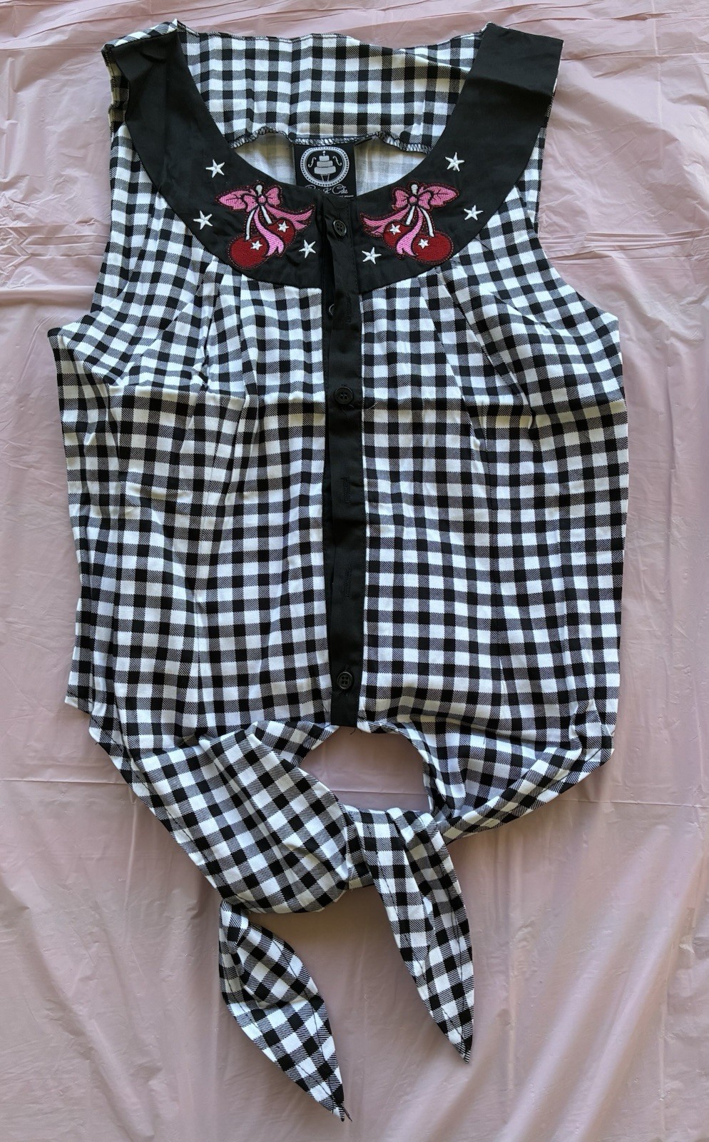 Banjo & Cake Women’s Top Shirt Gingham Sleeveless Button-Up Embroidered Tie Sz S