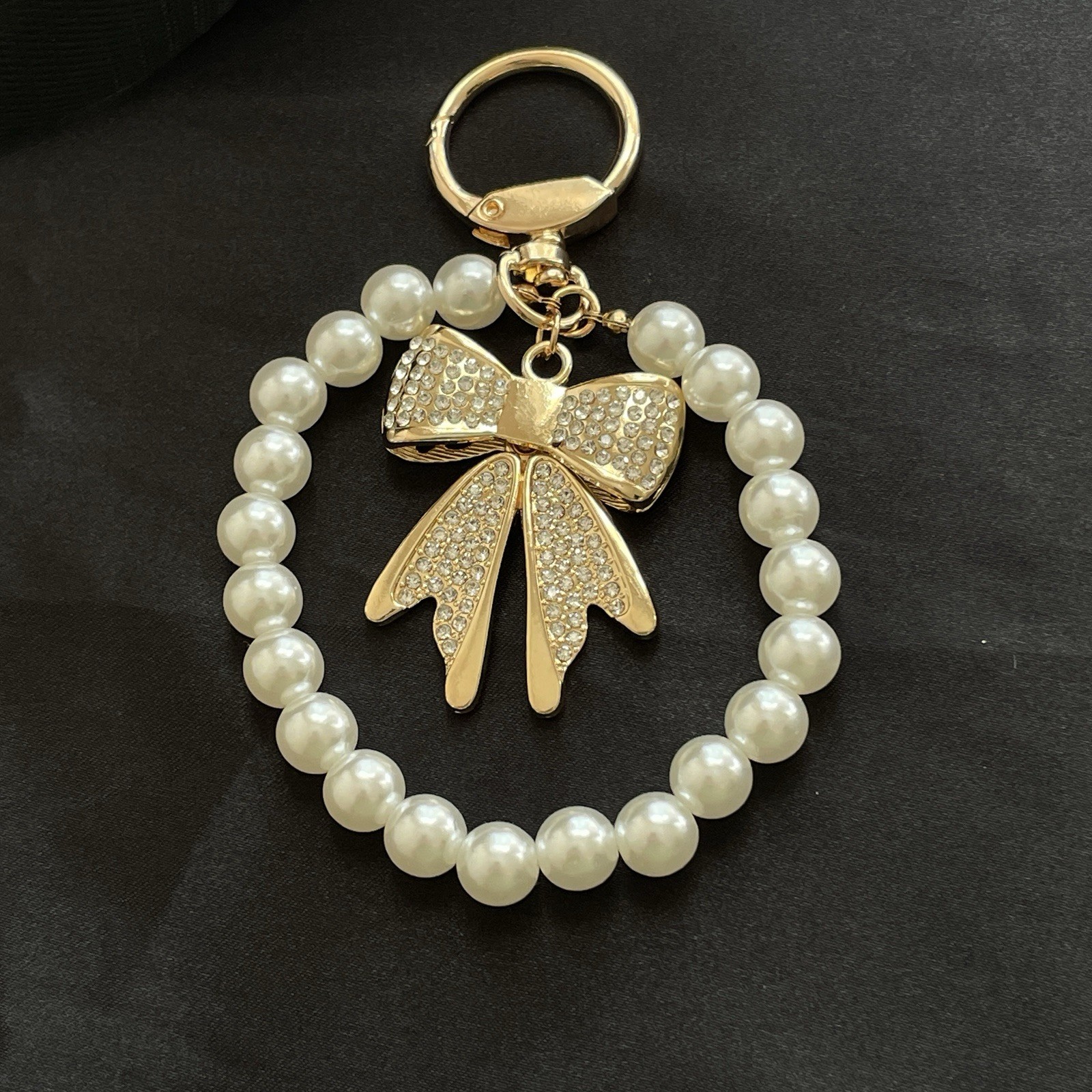 Coquette Pearl Bow Bag Charm Keychain Gold Tone Rhinestone Purse Accessory