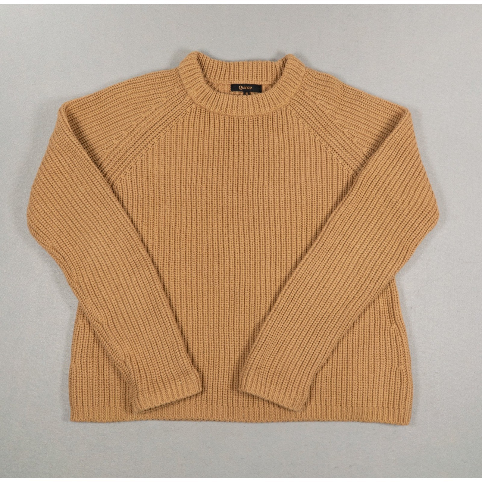 Quince Organic Cotton Shaker Stitch Raglan Sweater Camel Tan Small