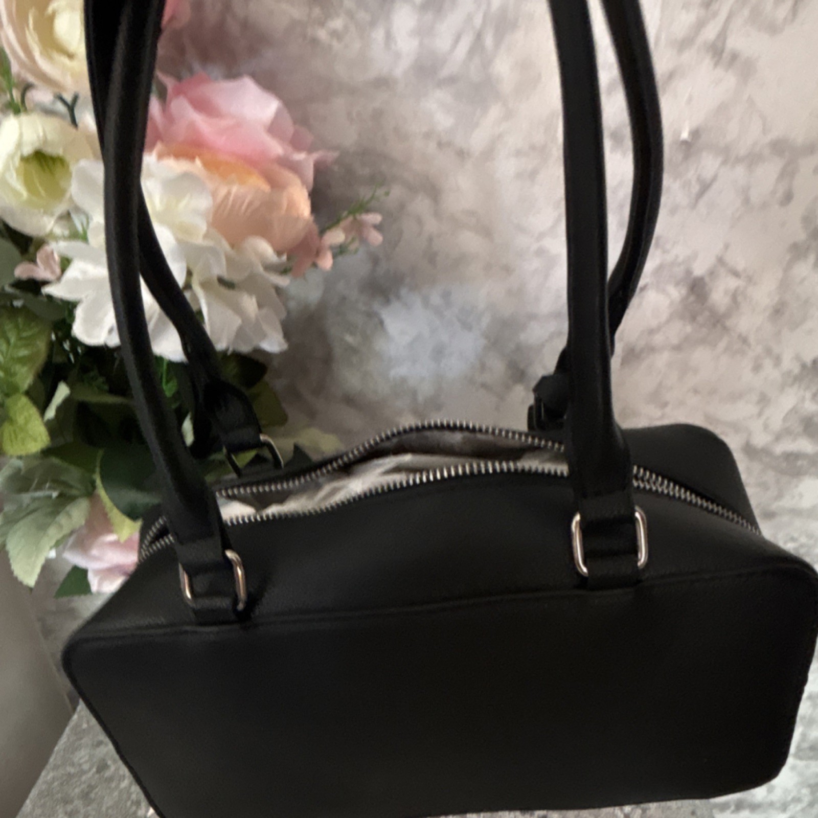 London Fog Black Satchel Top Handle Zip Closure Detachable Strap Silver Hardware