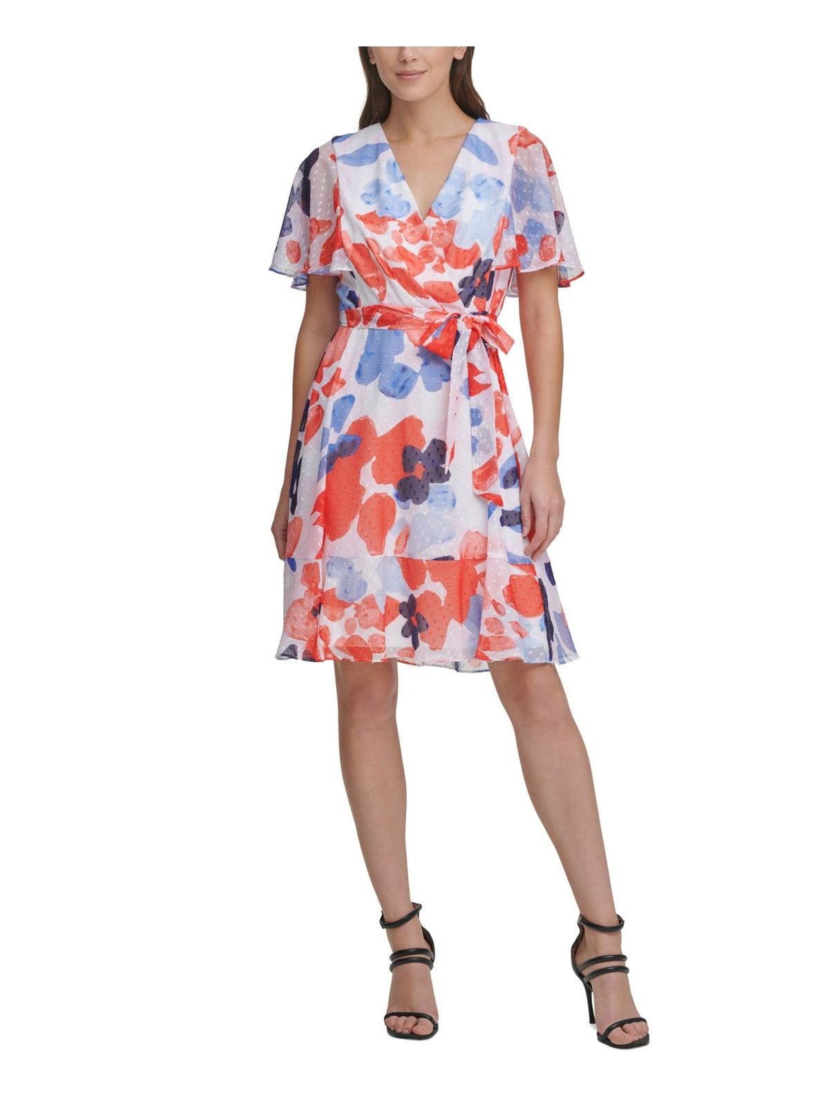 DKNY Womens White Belted Above The Knee Wear To Work Fit + Flare Dress 2