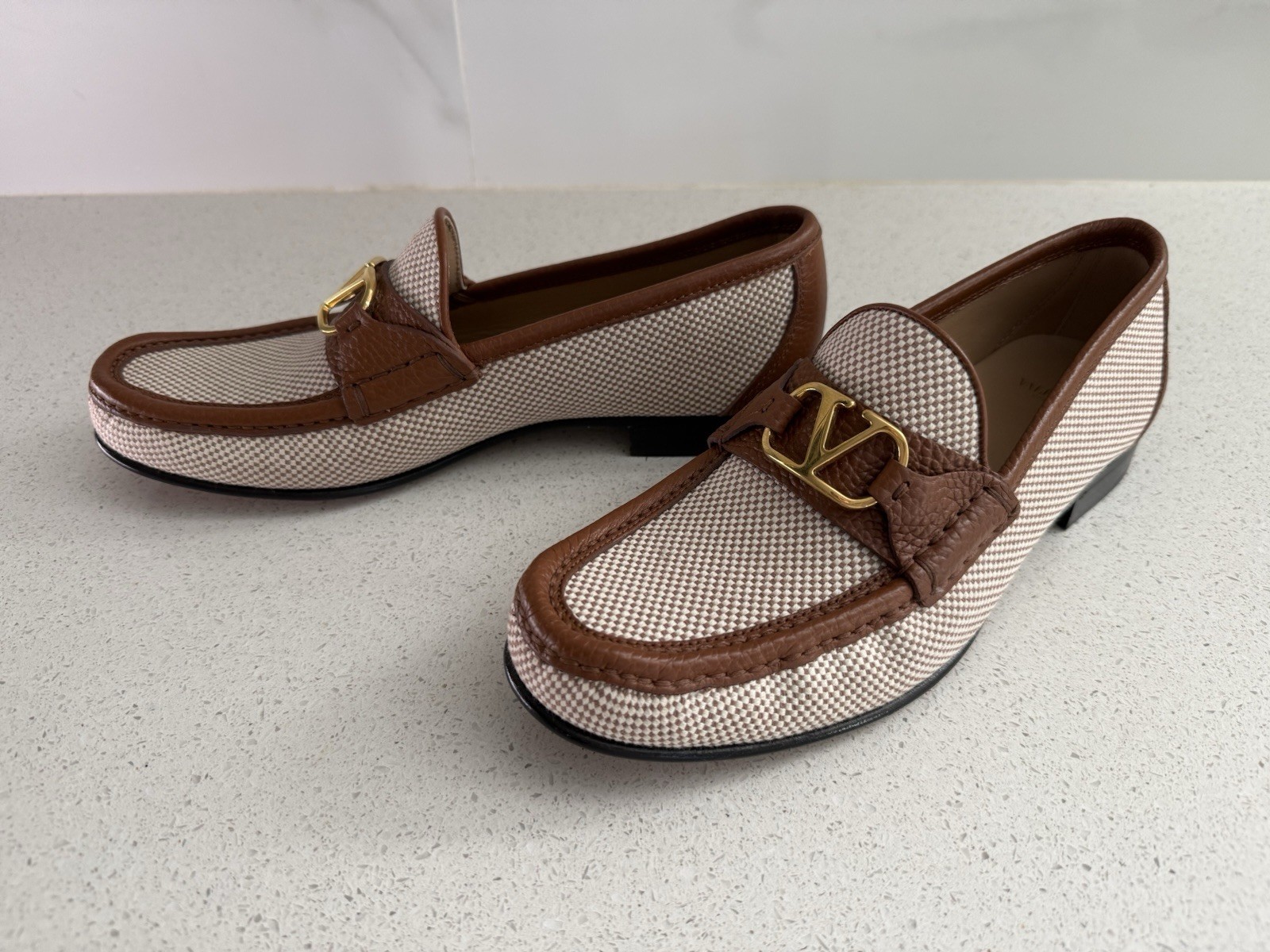 VALENTINO GARAVANI Vlogo Leather-Trimmed Loafers Beige EU 39.5 US 9.5