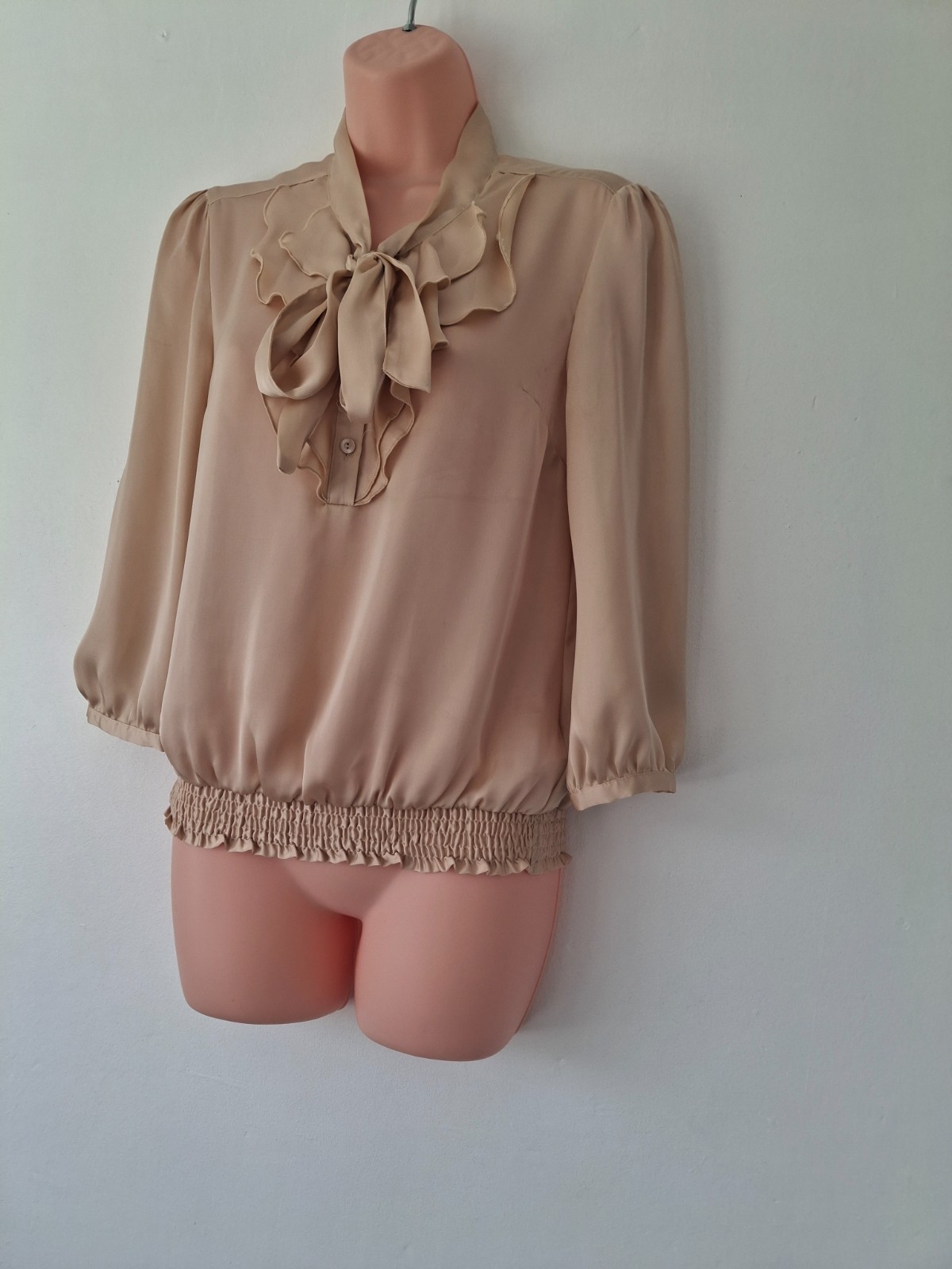 Debenhams Womens Gold Beige Blouse Size Uk 8 Petite Pussybow Bow Casual Workwear