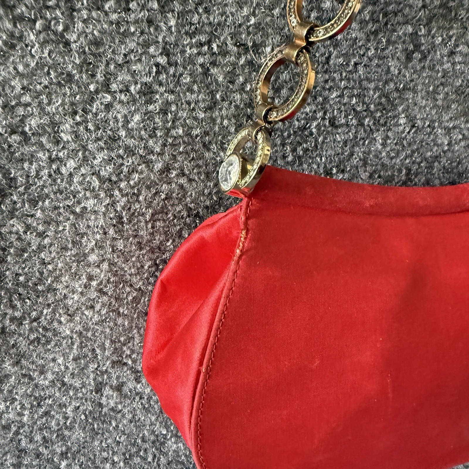 VTG Escada Red Satin Evening Bag Clutch Gold Geometric Link Chain Strap Italy