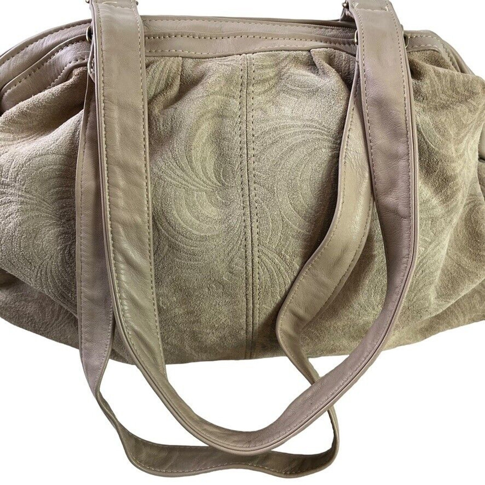 Stone Mountain Suede Embossed Swirl Print Large Double Handle Handbag Purse Bag