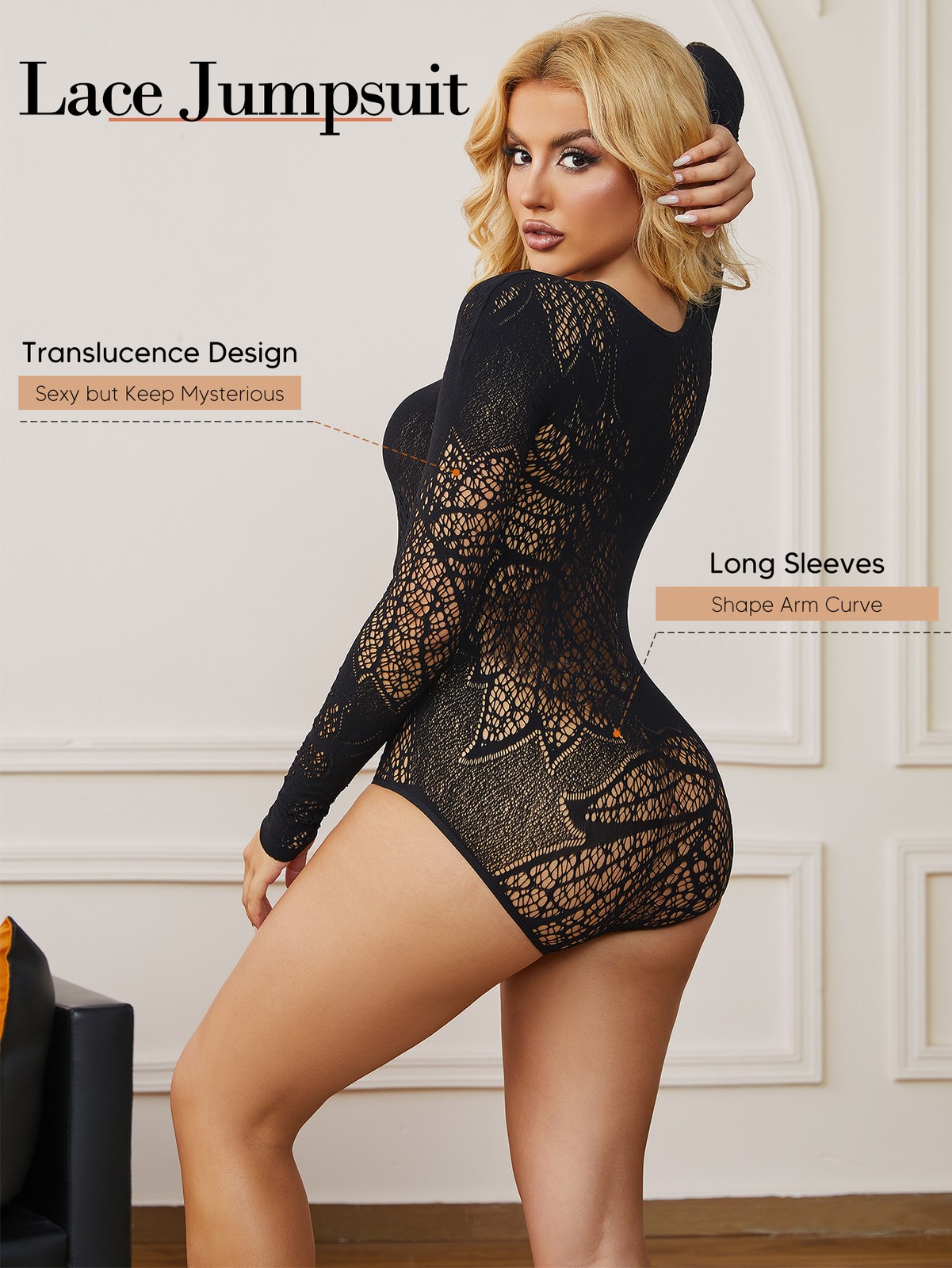 US STOCK Women’s Lace See Through Long Sleeve Sheer Mesh Romper Bodysuit Black