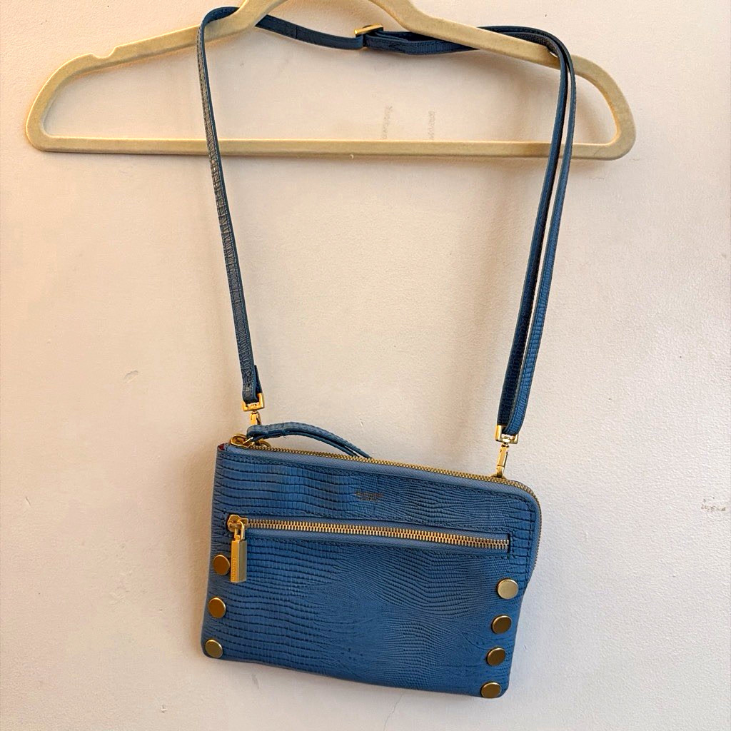 Hammitt Small Blue Embossed Crossbody Bag Gold Hardware Studded Zip Red Lining