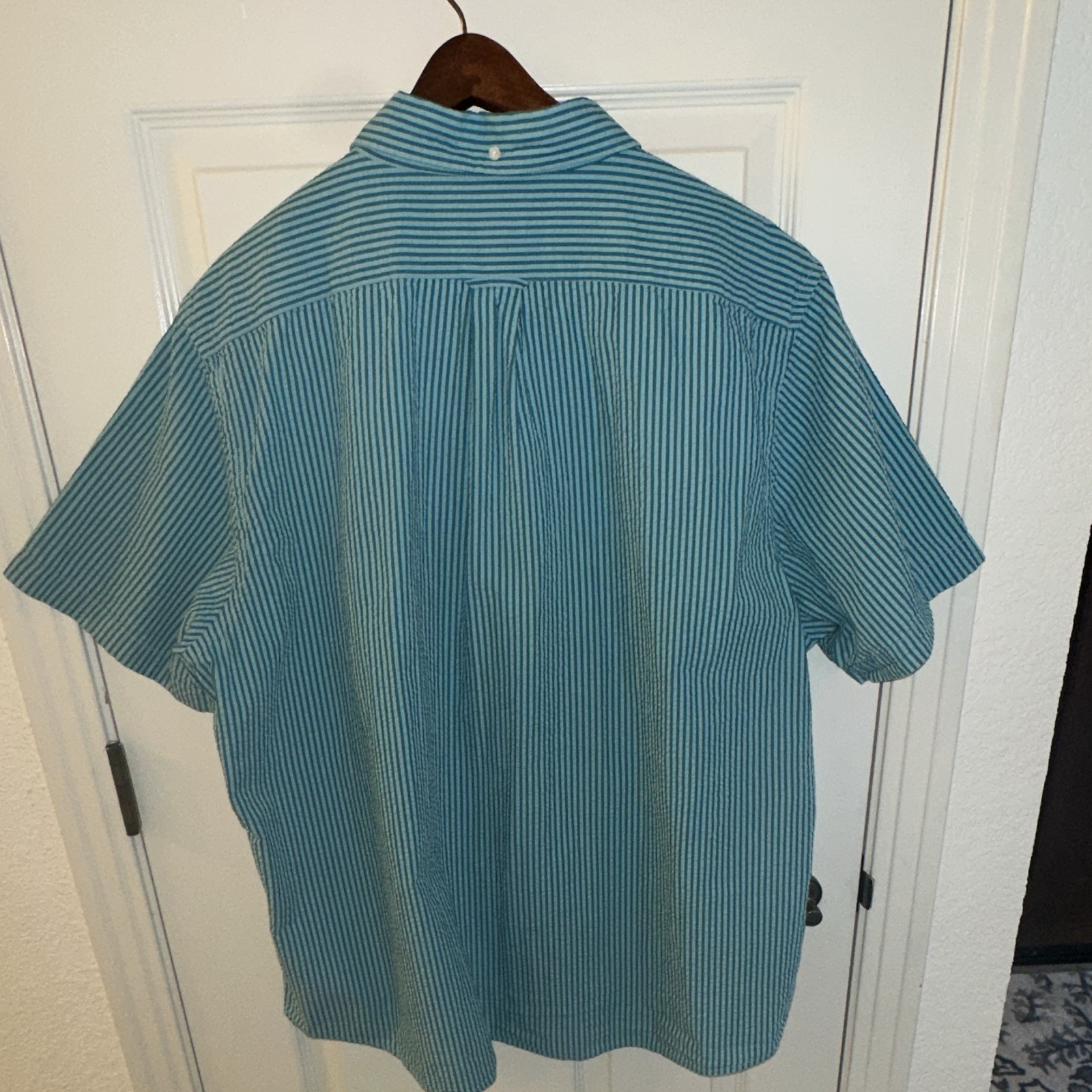 Lands End Men’s Green Striped Short Sleeve Seersucker Shirt Size 2XL