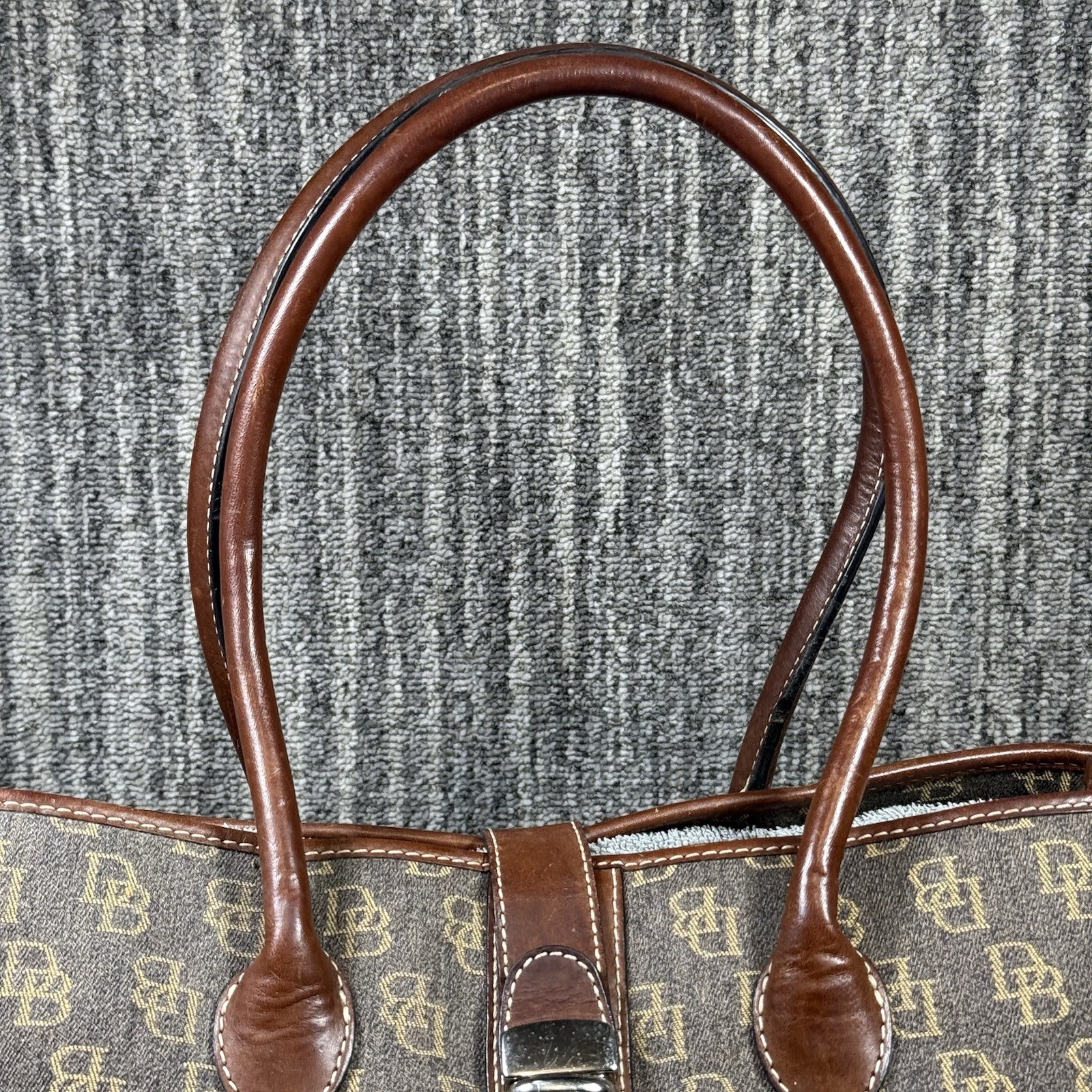 Dooney & Bourke Satchel Tote Bag Push Lock Signature Canvas Leather Trim Purse