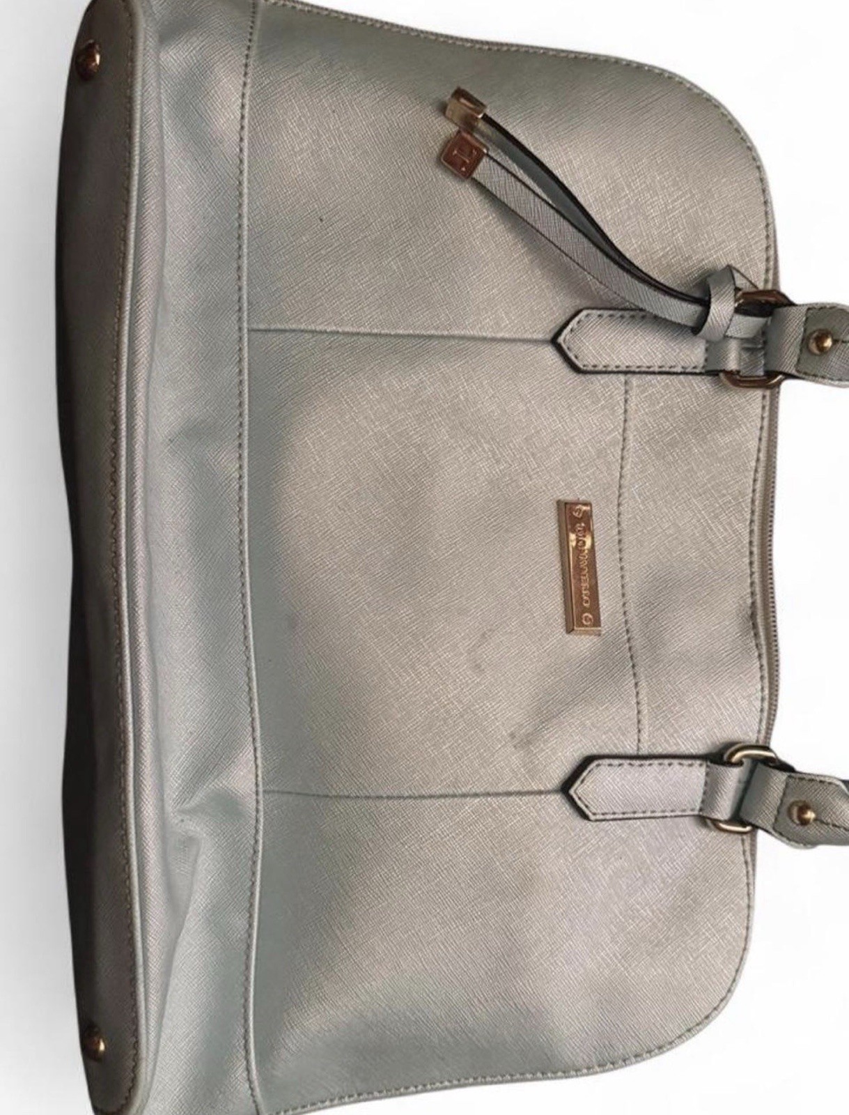 Tignanello Blue Logo Satchel Top Handle Bag Zip Closure Gold Hardware