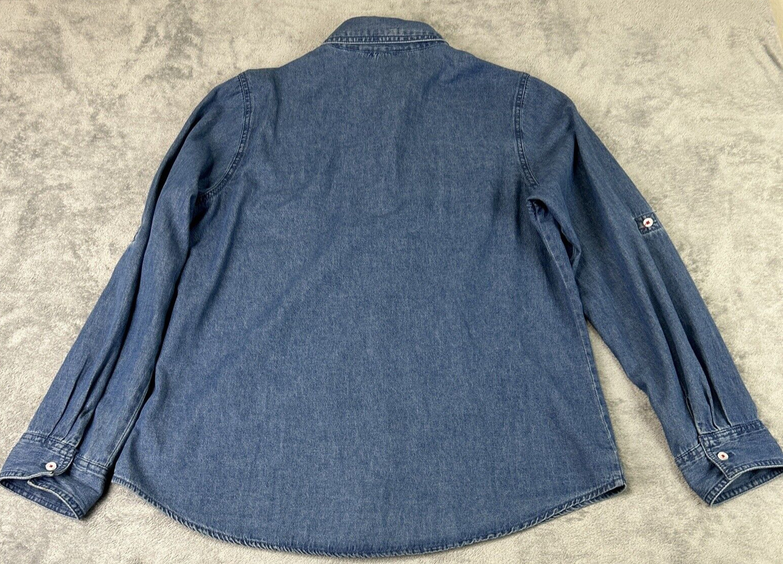 Christmas Chambray Shirt Women’s Large Holiday Santa Button Blouse White Stag