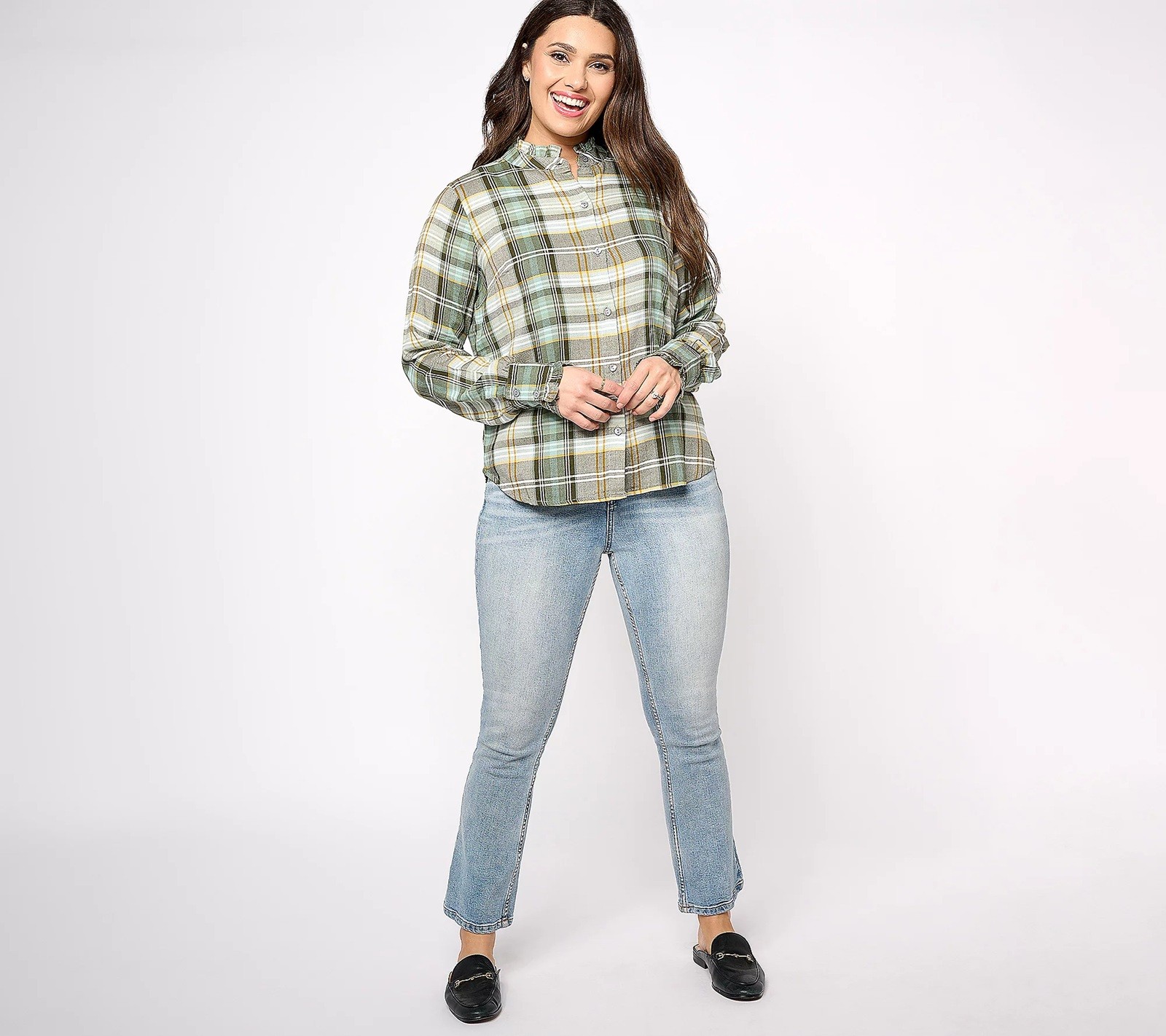 Encore by Idina Menzel Sz 1X Semi-Fitted Ruffle Trimmed Plaid Blouse GREEN MULTI