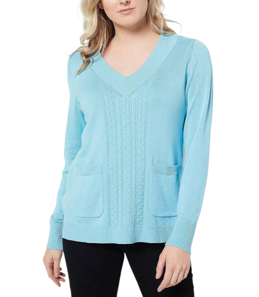 Isaac Mizrahi Live! Pullover V-Neck Sweater Novelty Trim Ocean Breeze