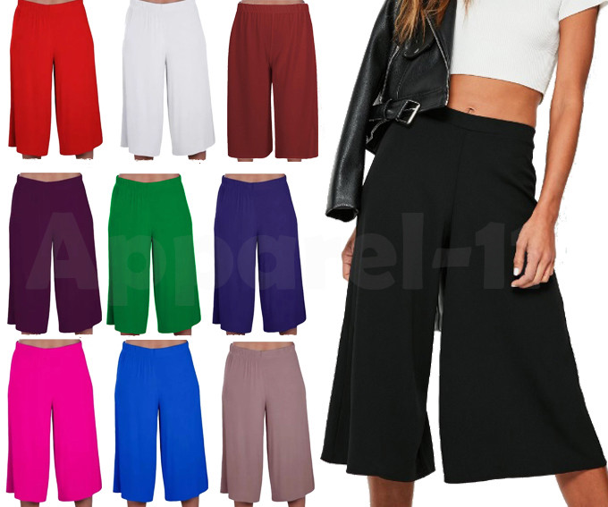 Ladies Women’s Elasticated Stretch Wide Leg Culottes 3/4th Length Plus Size 8-26