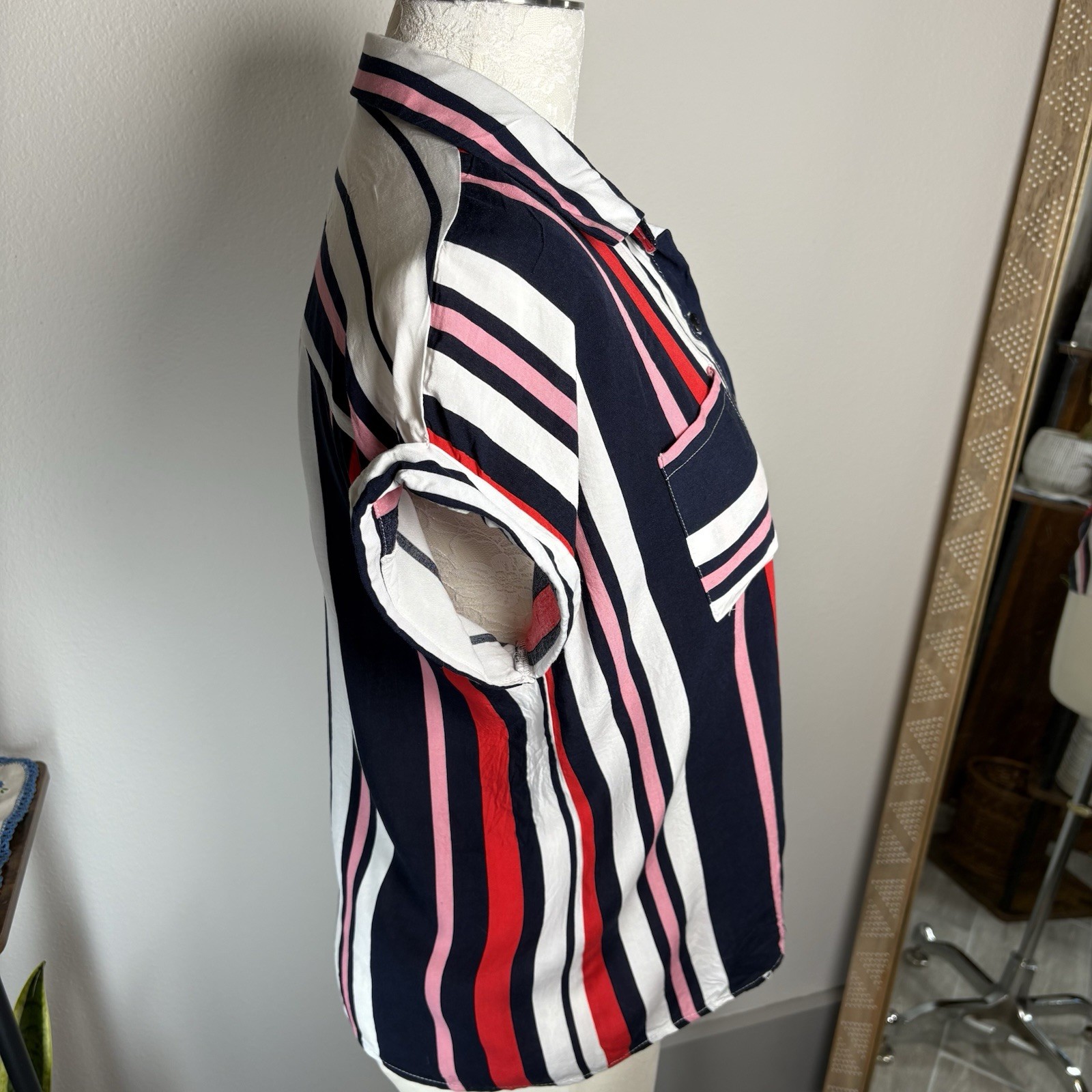Love Notes Women’s Large ~ Red Pink Blue White Striped Button Up Blouse
