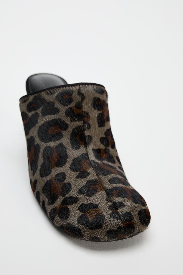 Zara Animal Print 100% Leather Mules Leopard Print Square Toe 2.8in Heel Sz 7.5