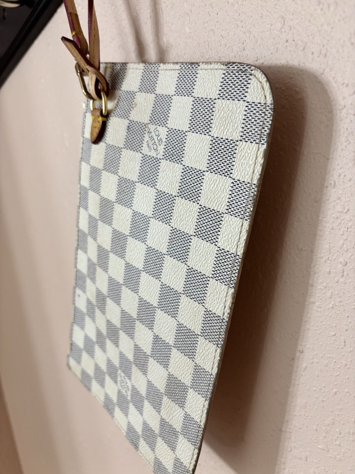 Louis Vuitton Damier Azur Zip Wristlet Pouch White/Blue Brown Strap Gold