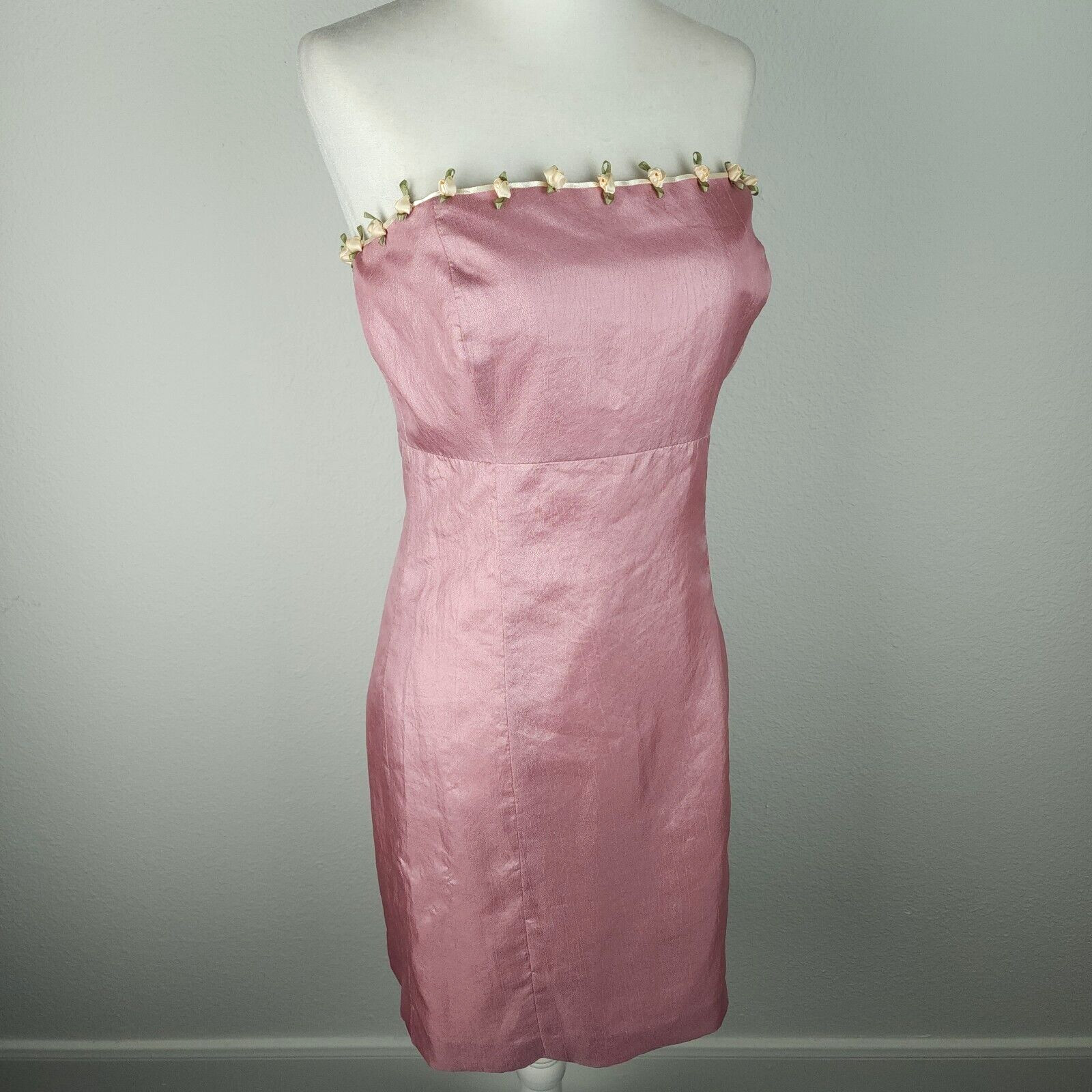 Vintage 90s Pink Silk Satin Rosebud Dress Strapless Ivory Ribbons Homemade ~M