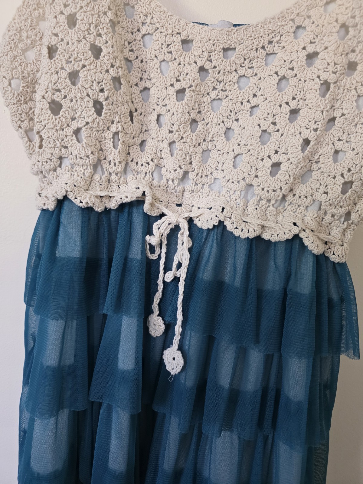 J Gee Crochet Sheer Ruffle Dress Sleeveless Boho Party Coastal Beachy Blue Sz 1X