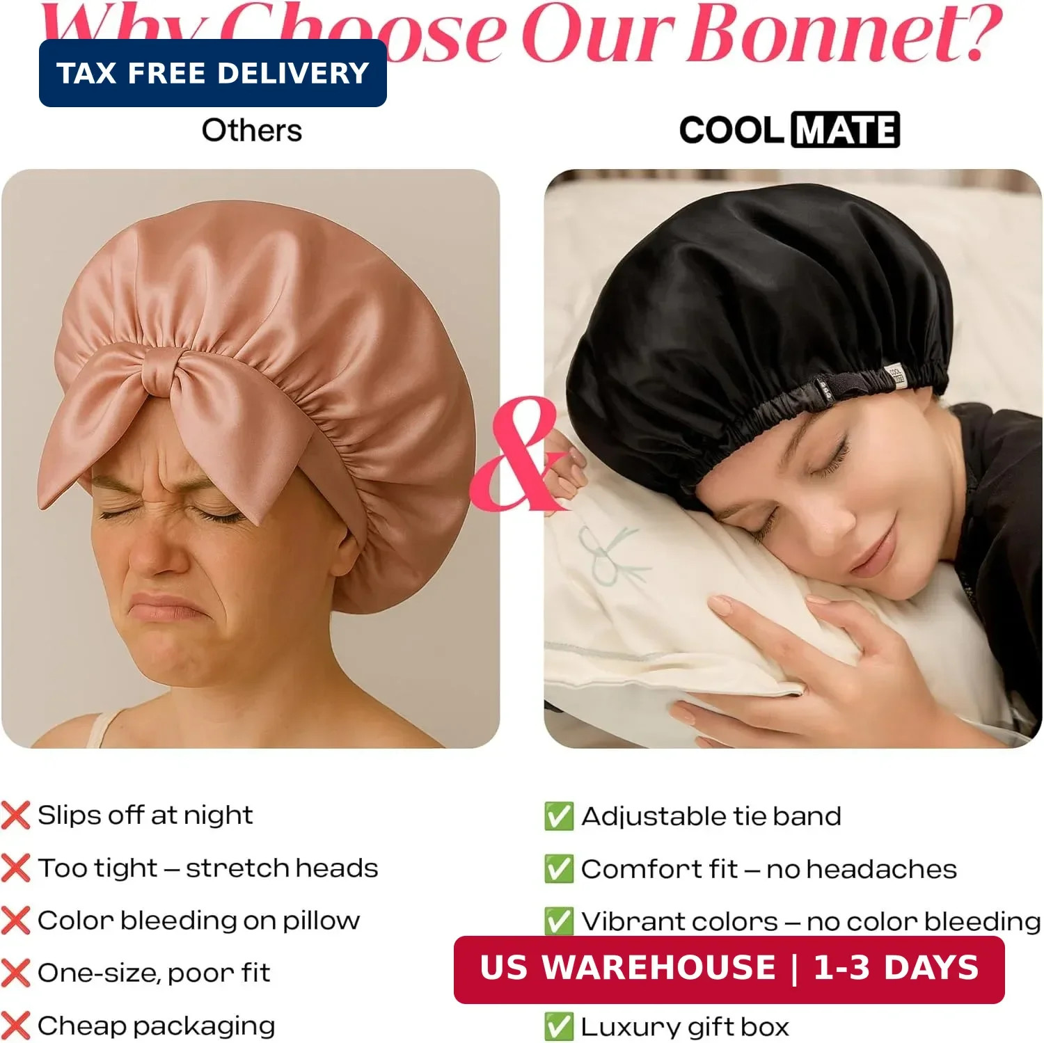 CoolMate Adjustable Satin Silk Bonnet for Sleeping Women, Tie Double Lined Silk