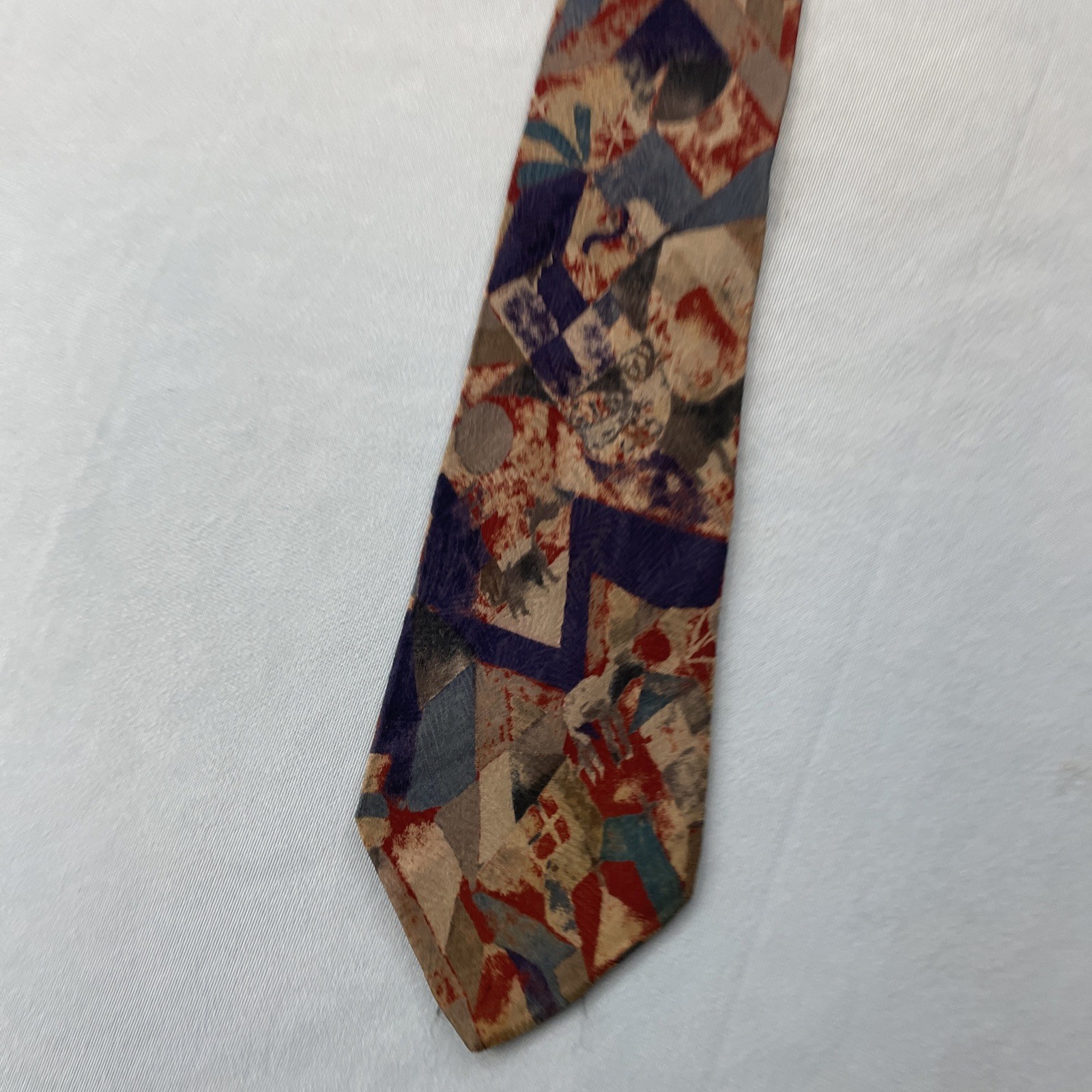 Rubinacci Silk Neck Tie MCM Mod Abstract Art Splat Brown Red Blue vtg 4×59 Wear