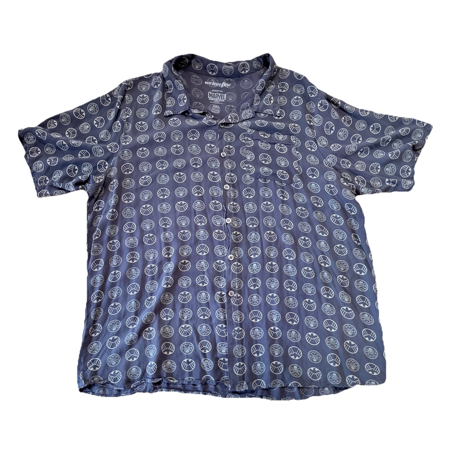 Marvel 2XL Mens Short Sleeve Button Shirt Blue Rayon
