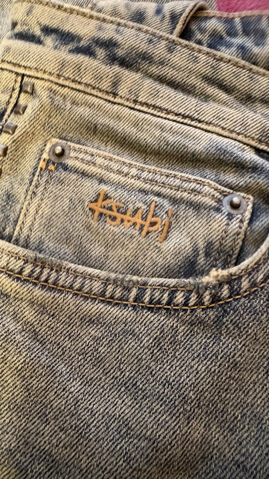 Ksubi Men’s Blue Light Wash Stretch Straight Leg Jeans Logo Embroidered