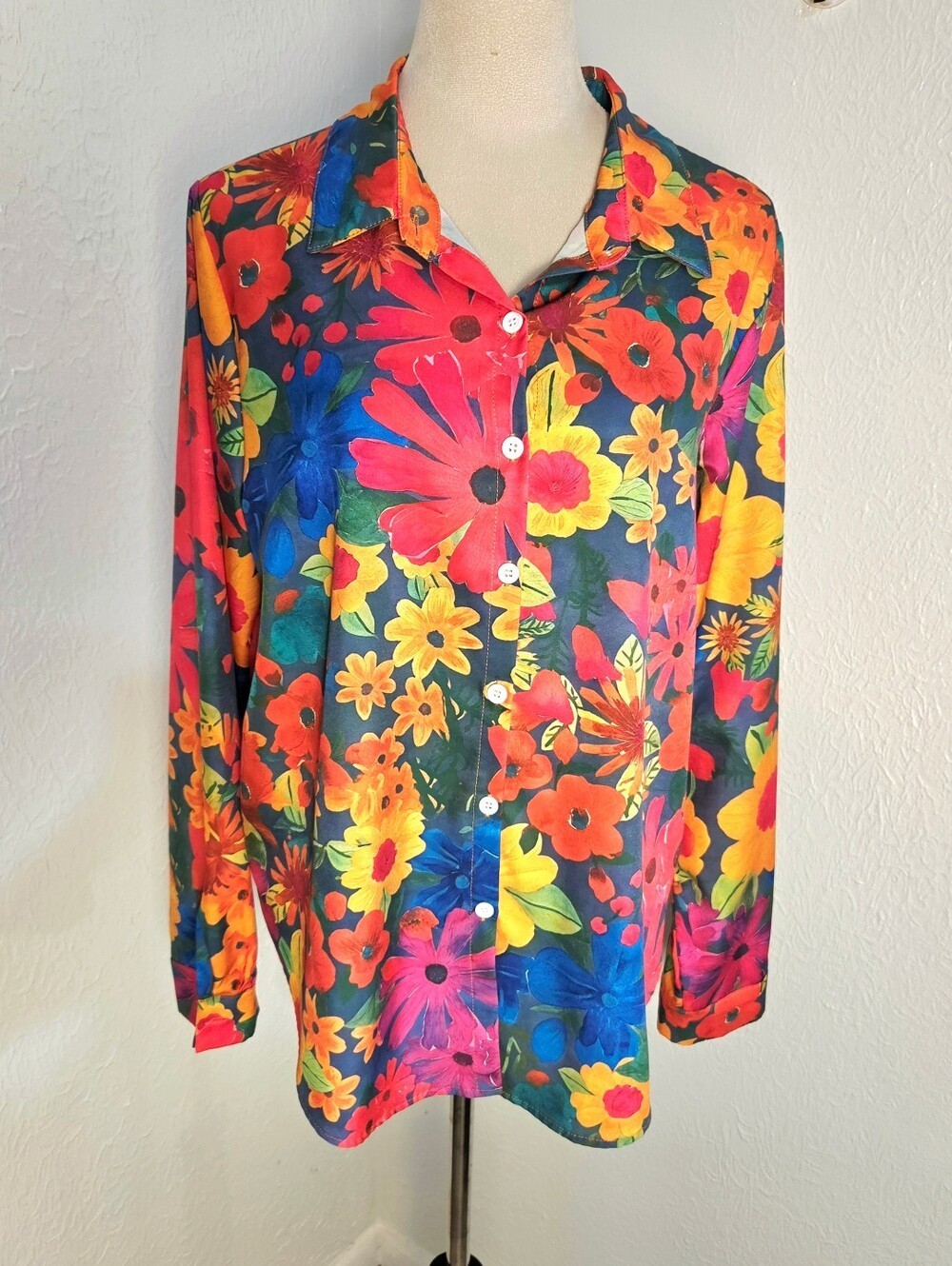 Bright Funky Flower Button-Up Blouse, Multicolor, Size XL