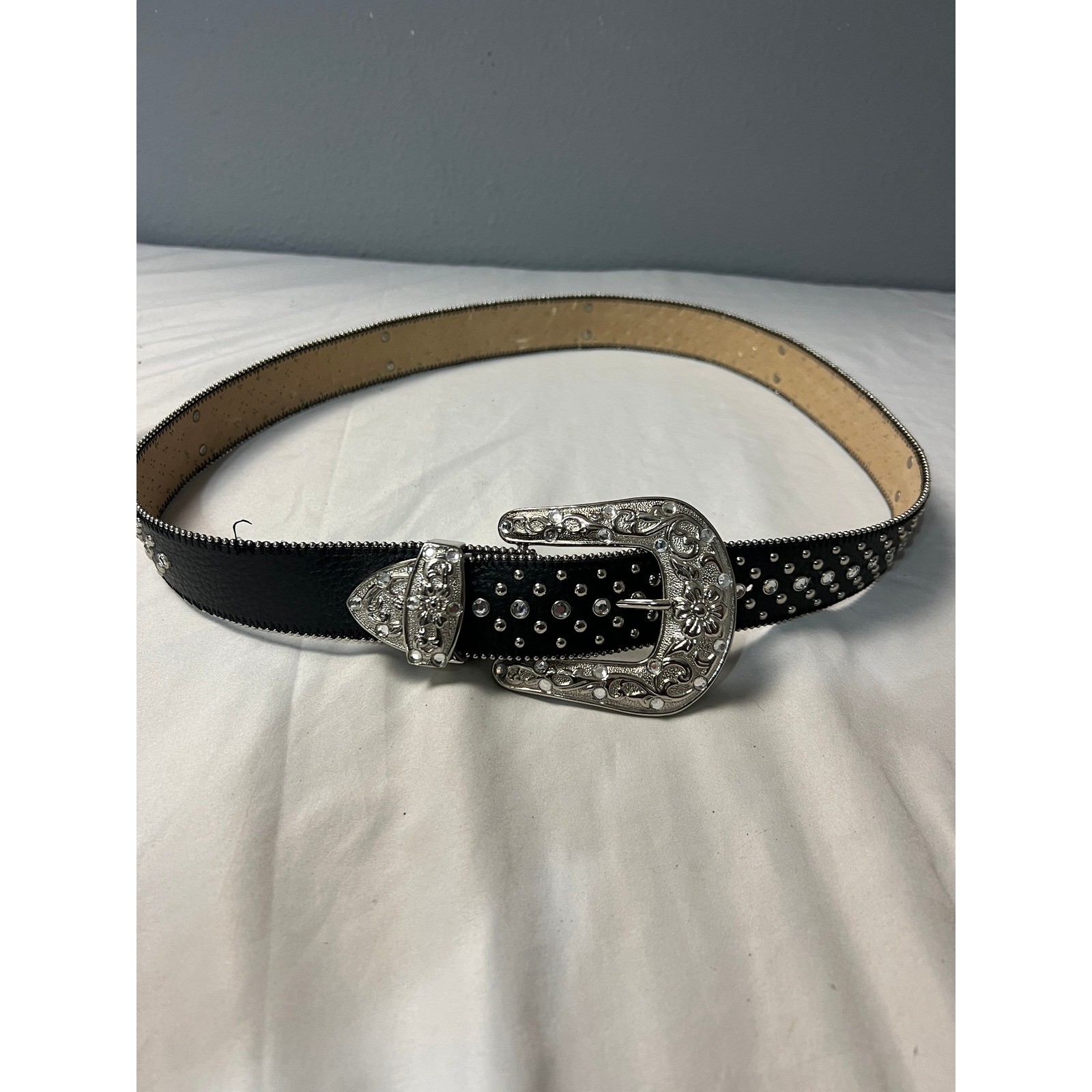 Country Western Black Italian Leather Rhinestone Studded Belt Silver Buckle XL