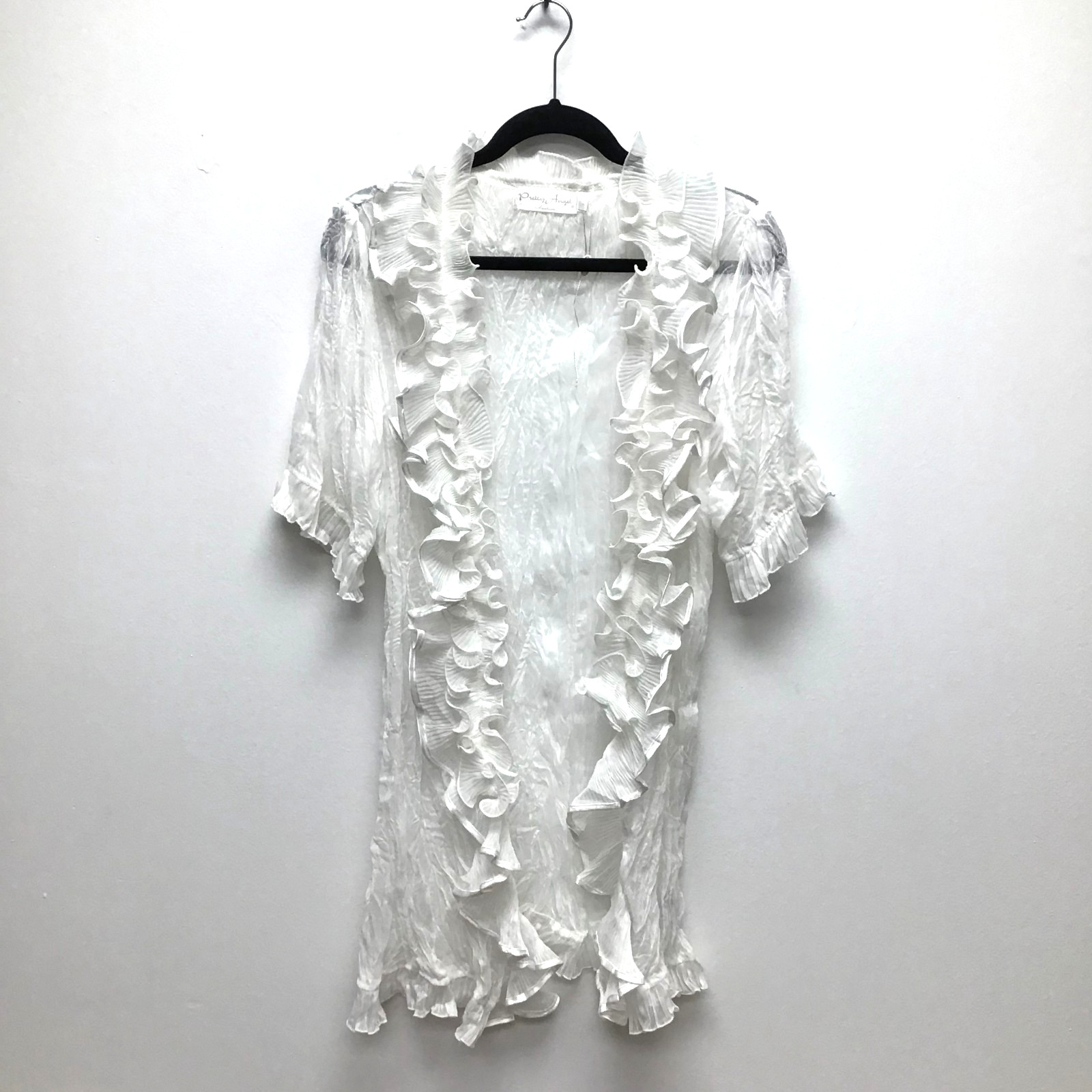 Pretty Angel Semi-Sheer Crinkled Silk-Blend Ruffle Short Sleeve Cardigan – Large