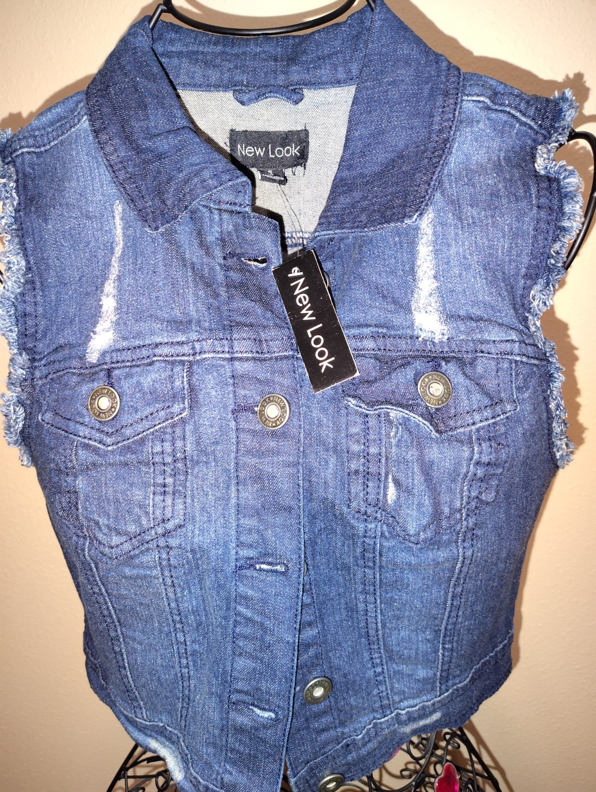 NWT New Look Distressed Denim Vest Cropped Frayed Jean Top Size S #2