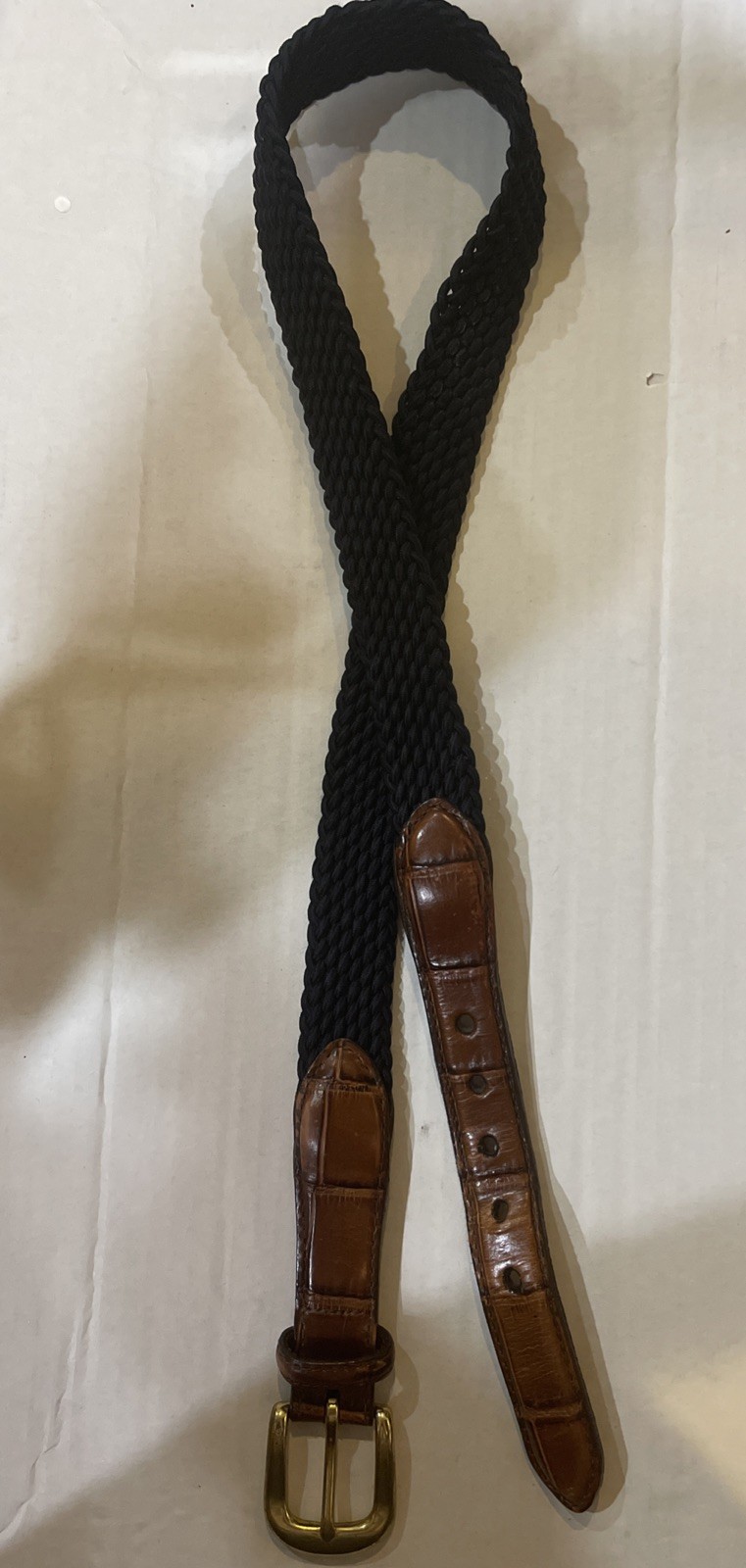 Brighton Woven Stretch Belt Mens 34 Navy Blue Croc Trim Brass Buckle Vintage EUC