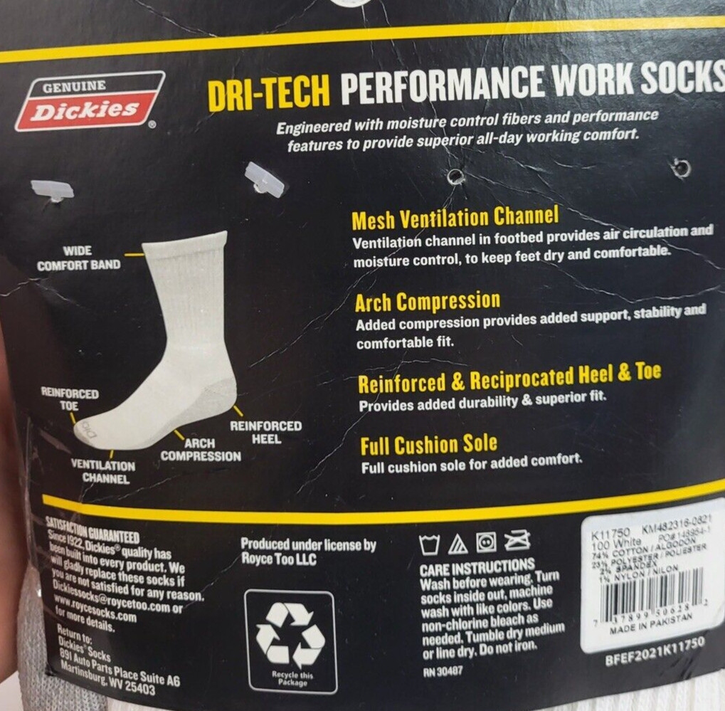 Dickies 6 Pack Dri-Tech Crew Performance Work Sock ~4 White & 2 Black~ Size 6-12